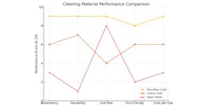 Line graph comparing cleaning material performance in terms of softness, absorption, cost, and eco-friendliness