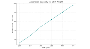 Graph showing direct correlation between GSM weight and water absorption ability in microfiber cloths