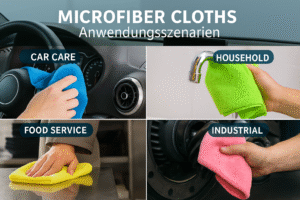 Microfiber cloth application collage: car care, household cleaning, food service, industrial use