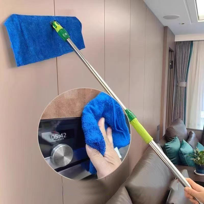 A split image showing a mop head used for dry dusting on one side and wet mopping on the other