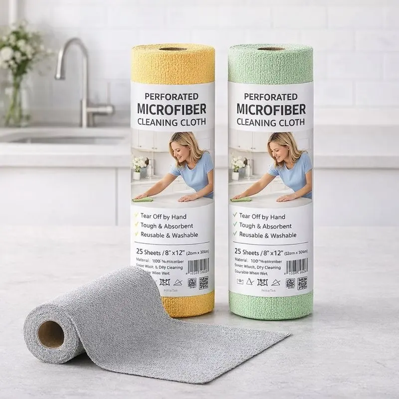 A microfiber roll on a kitchen counter holder