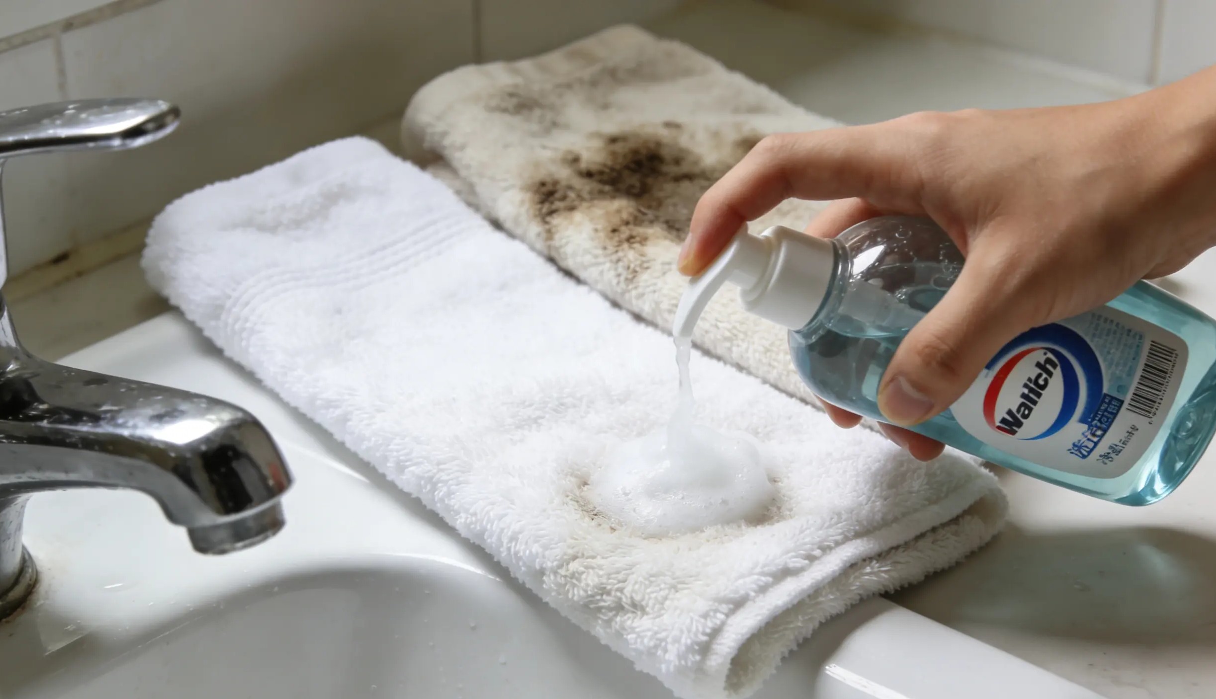 A person washing a microfiber towel in a sink with a drop of dish soap