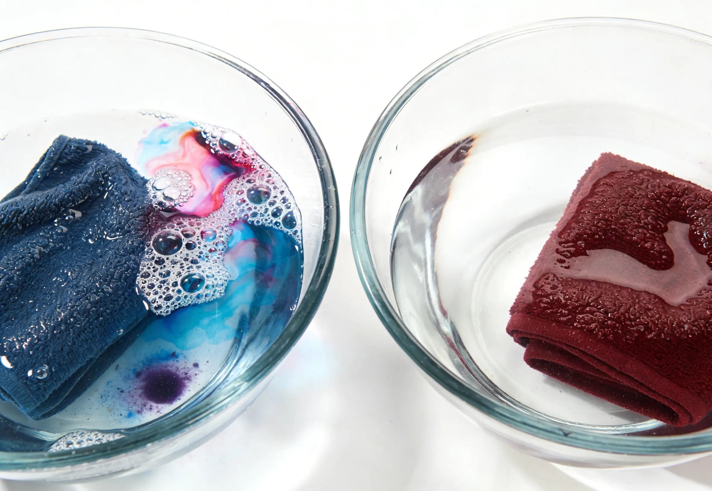 High-quality, colorfast microfiber towels next to faded, bleeding ones