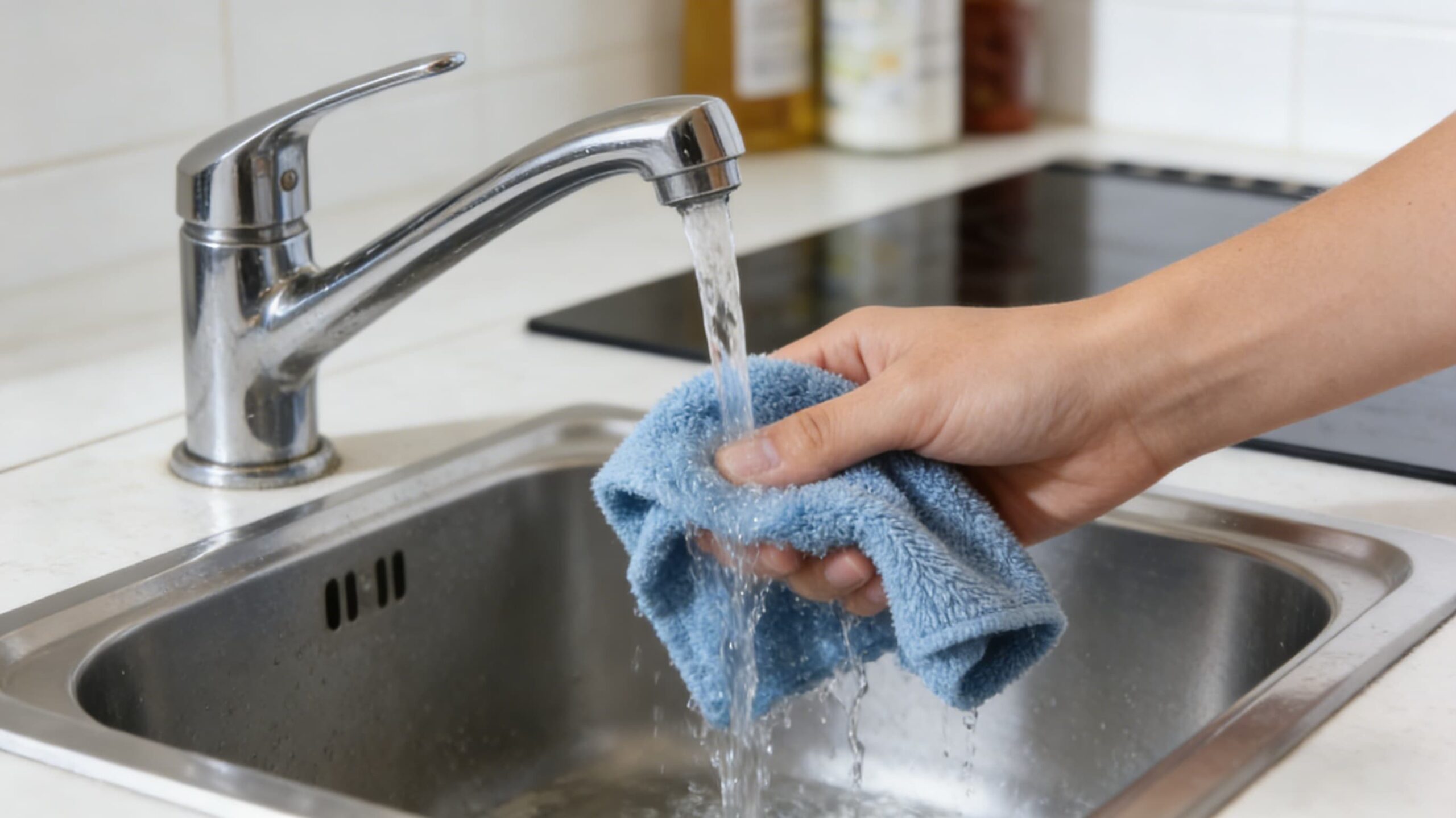A microfiber cloth cleaning a surface with only water