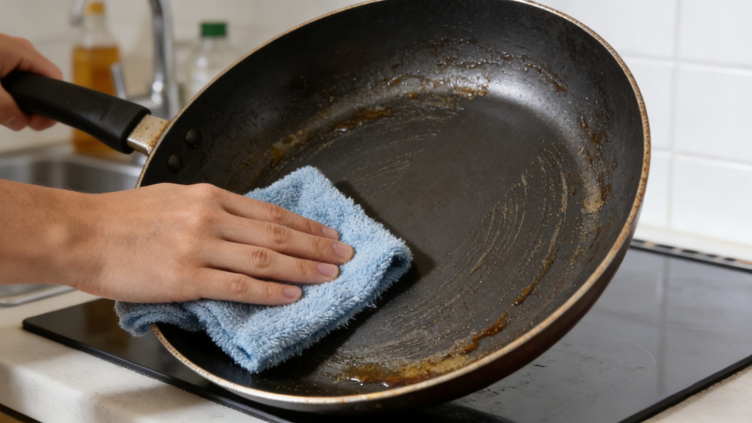 A microfiber cloth being used to clean a greasy pan