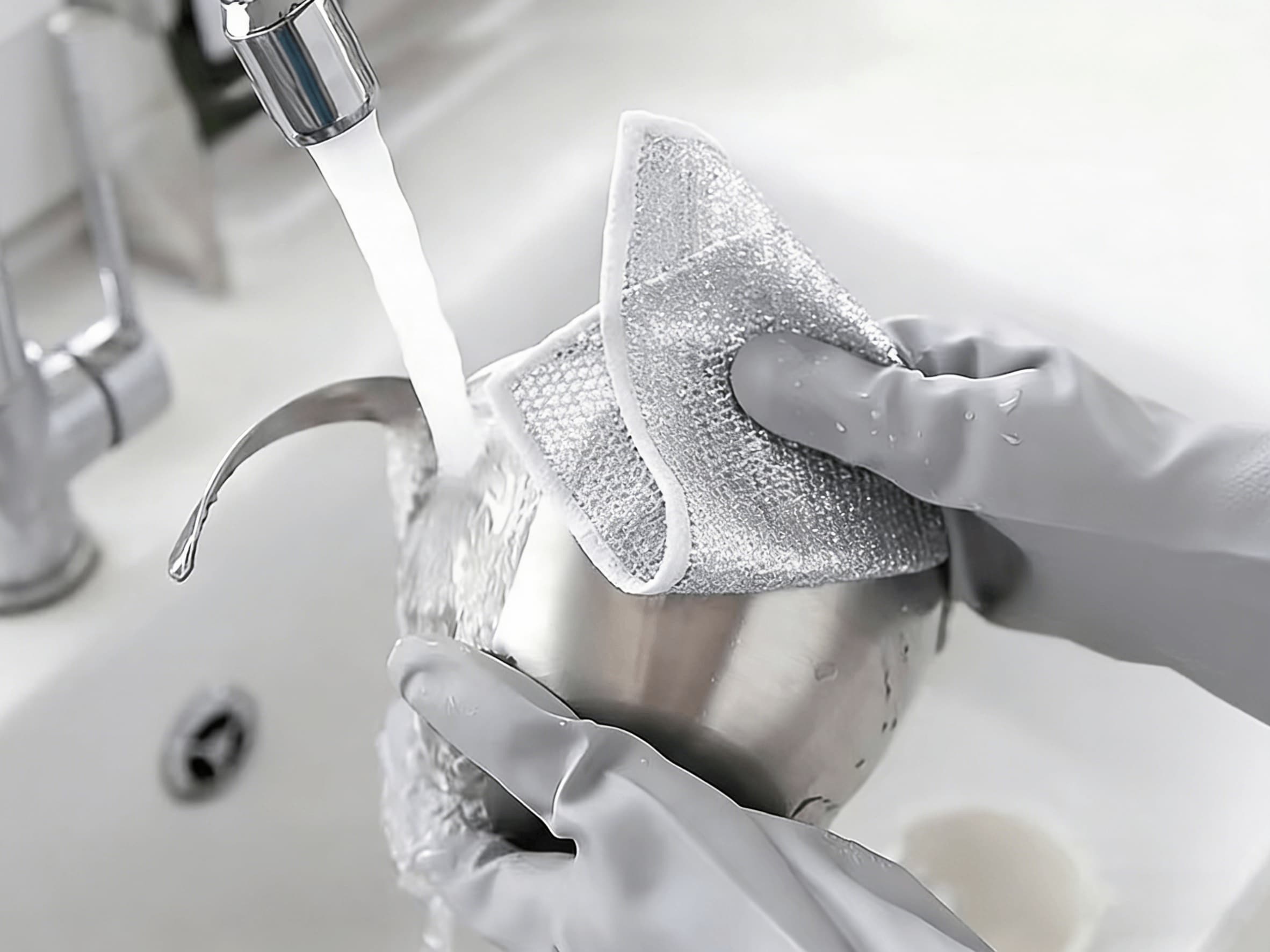 Silver Wire Dishcloth for Scrubbing A silver wire dishcloth scrubbing a pan