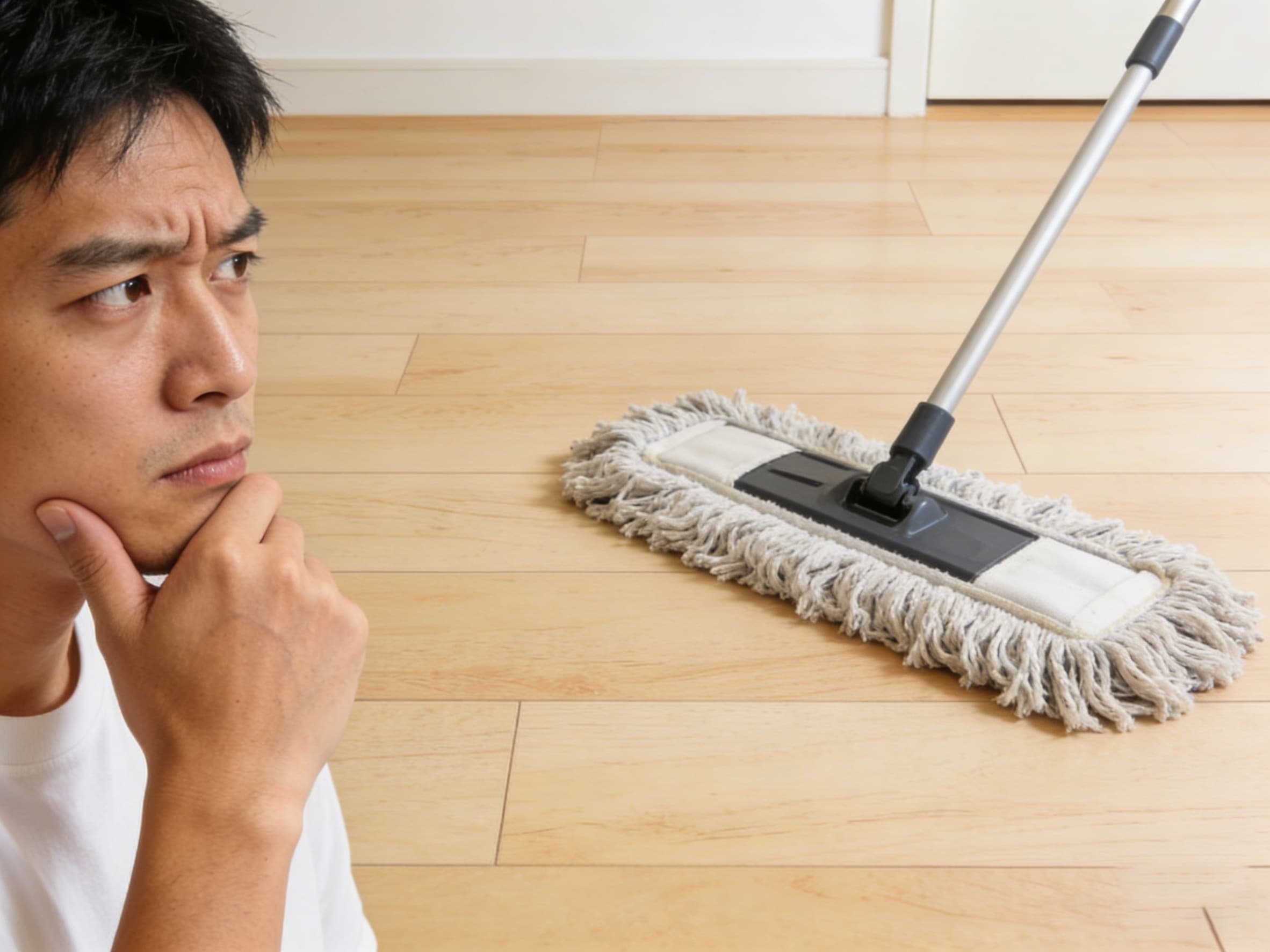 a person deciding whether to use a microfiber mop wet or dry