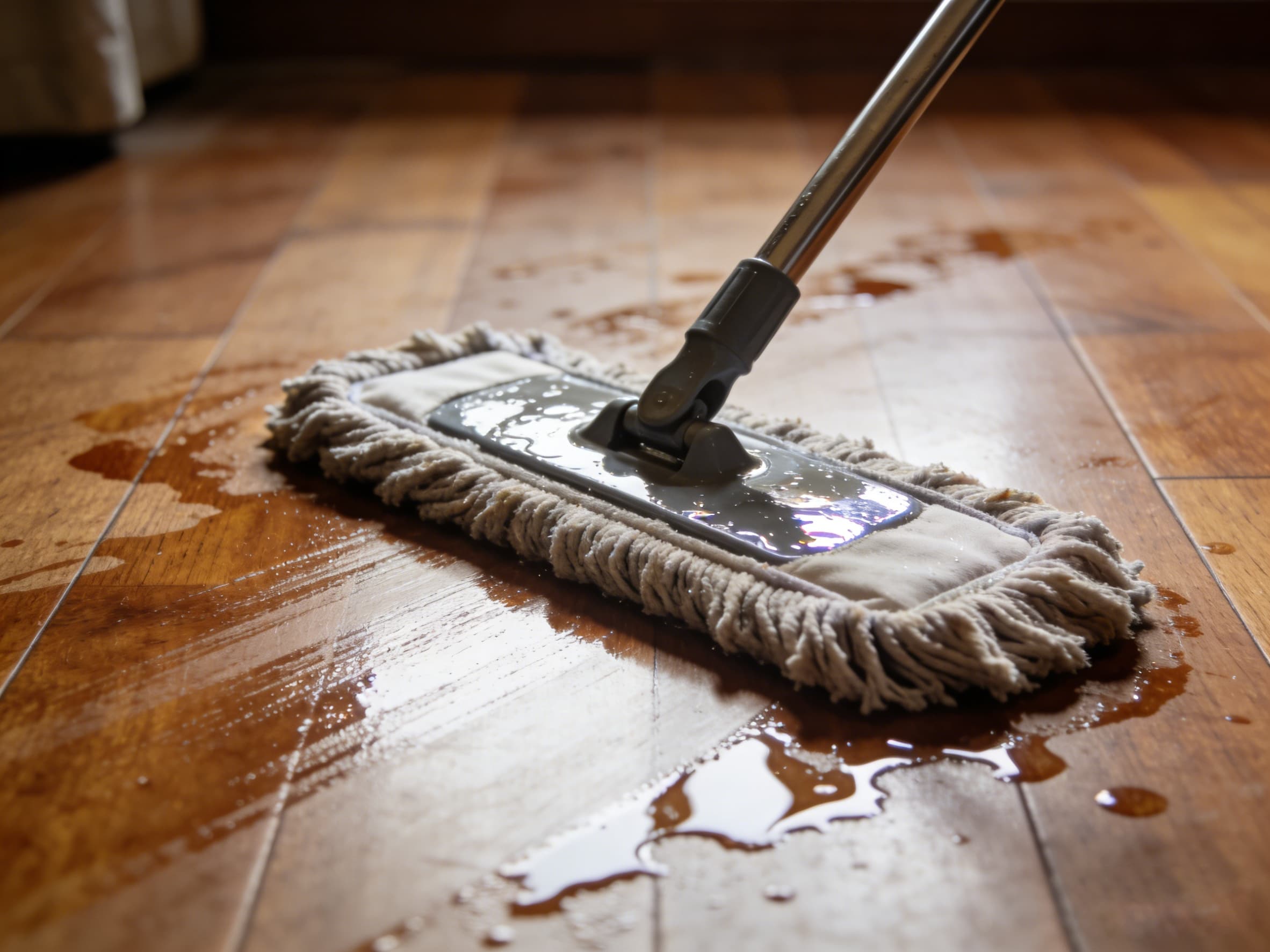 a microfiber mop being used damp to clean a dirty floor