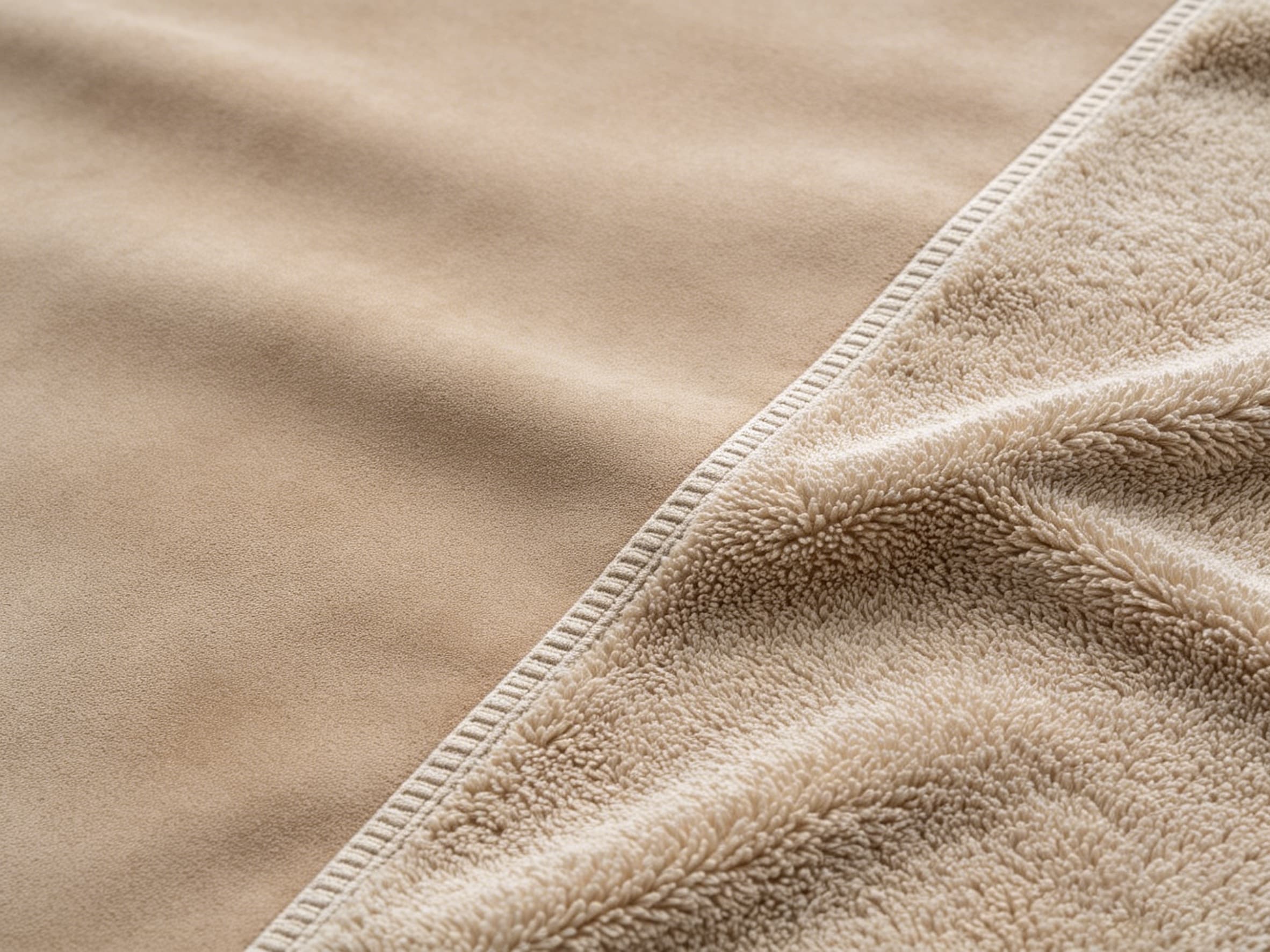A two-sided towel showing a suede side and a short-pile side