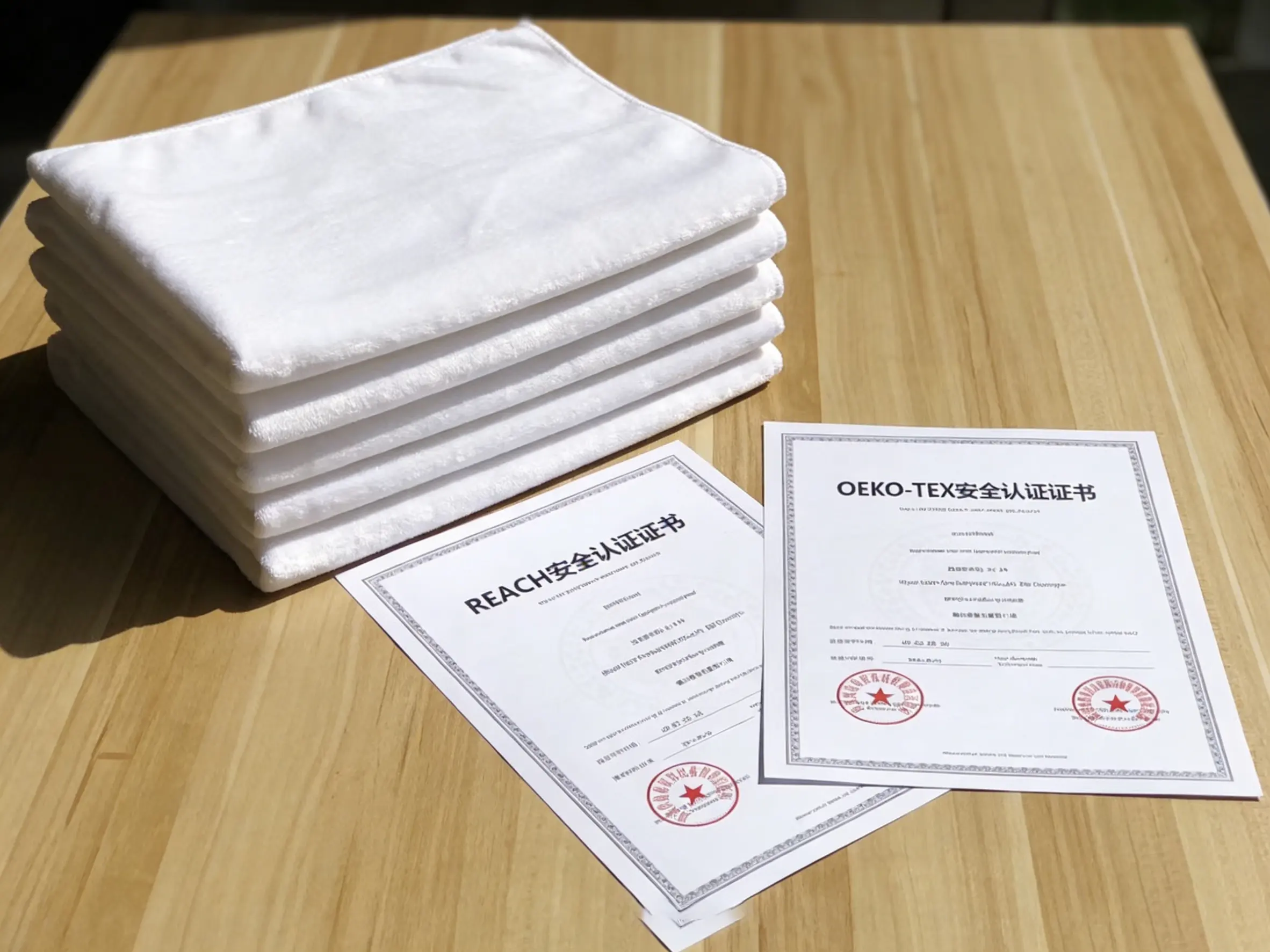 Safe Microfiber Cloths for Food Areas A safety certificate like REACH or OEKO-TEX next to a stack of microfiber cloths