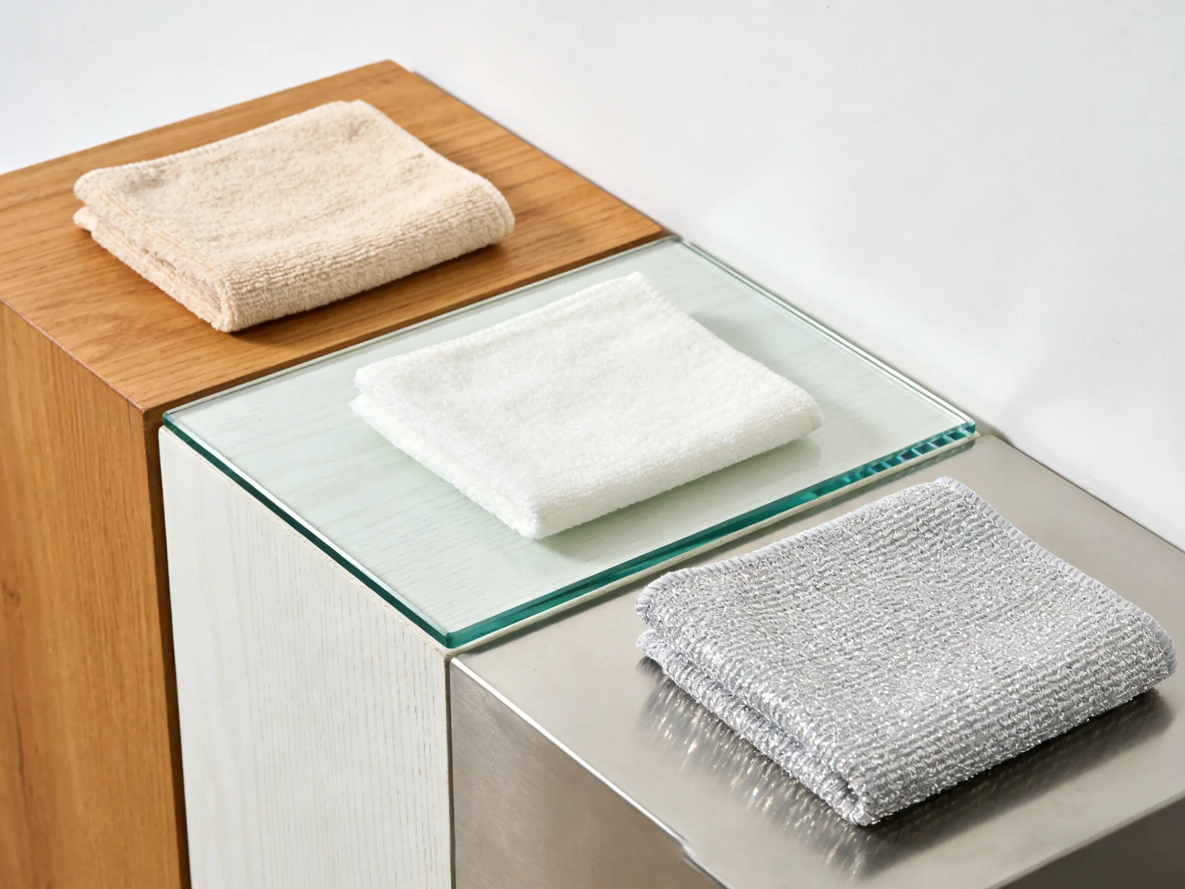 Custom OEM/ODM Microfiber Cleaning Cloths Samples of microfiber cloths in different colors, weaves, and with custom tags