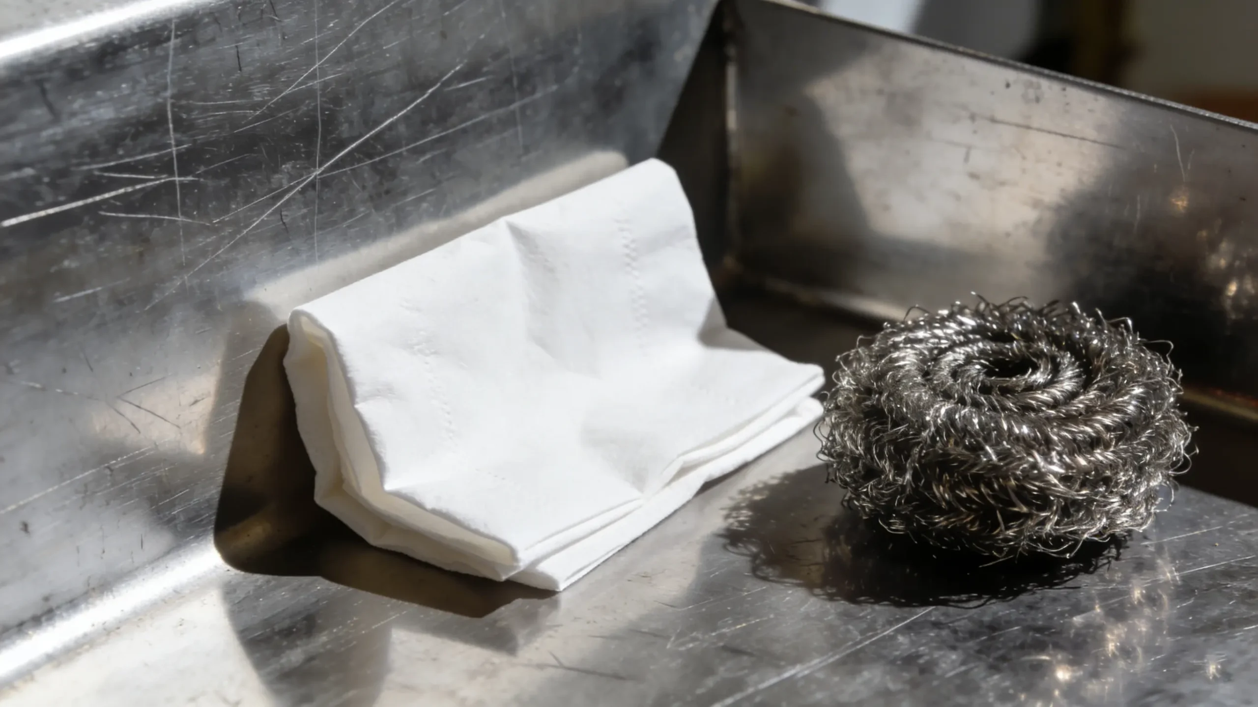 Common cleaning tools that damage stainless steel A scratched stainless steel surface next to a paper towel and steel wool