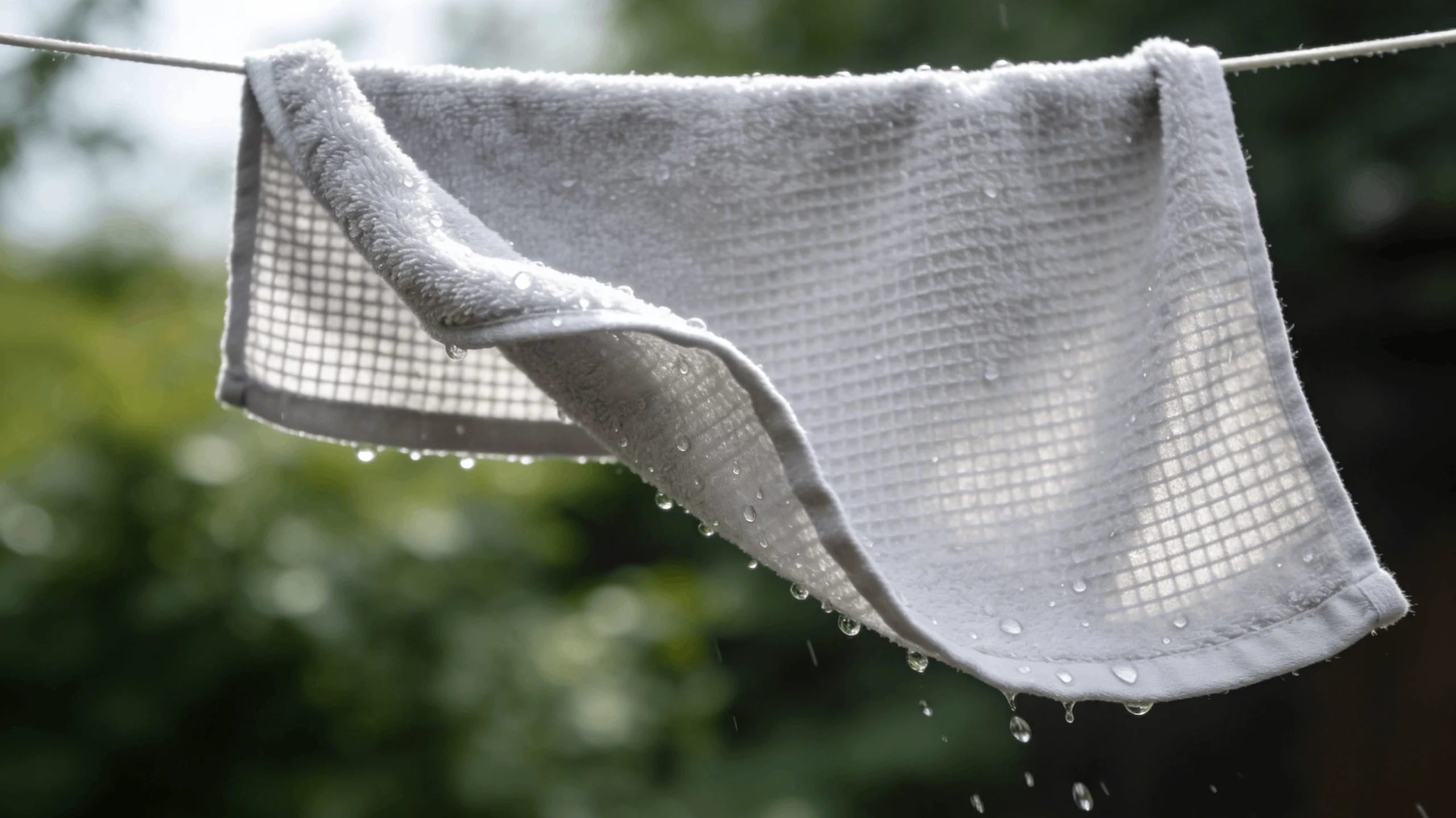 Caring for Microfiber Cloths A microfiber cloth hanging on a clothesline to dry