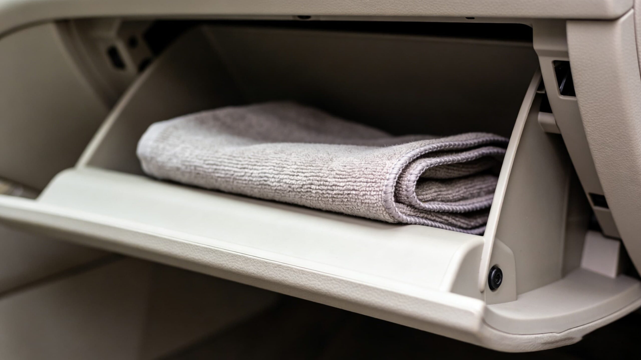 A microfiber cloth folded neatly in a car's glove compartment