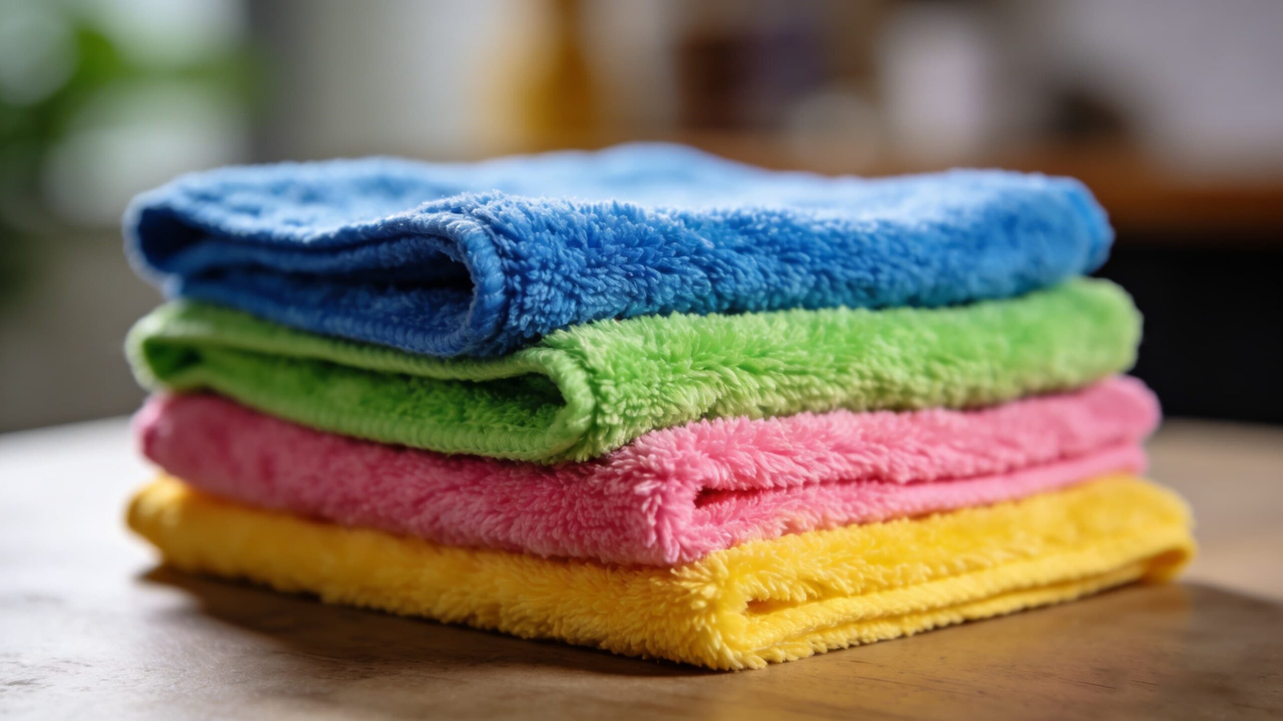 A stack of colorful premium microfiber cloths