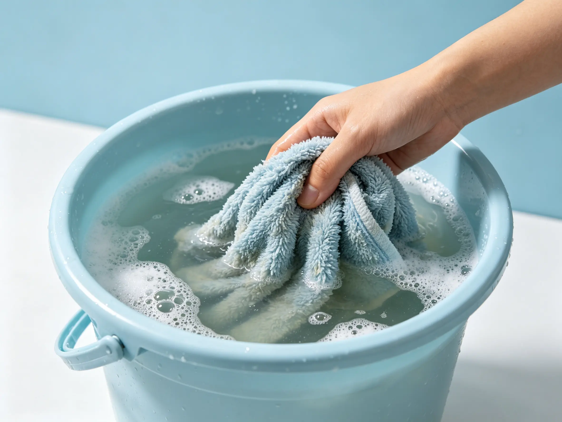 a microfiber cloth soaking in a bucket of soapy water