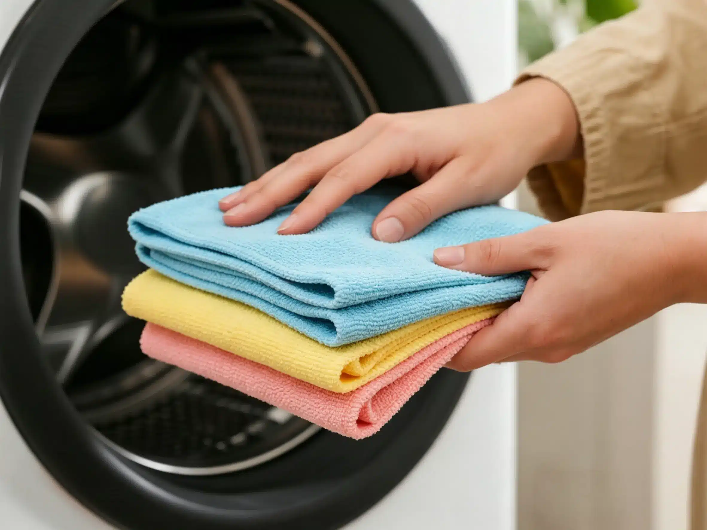 a person washing microfiber cloths
