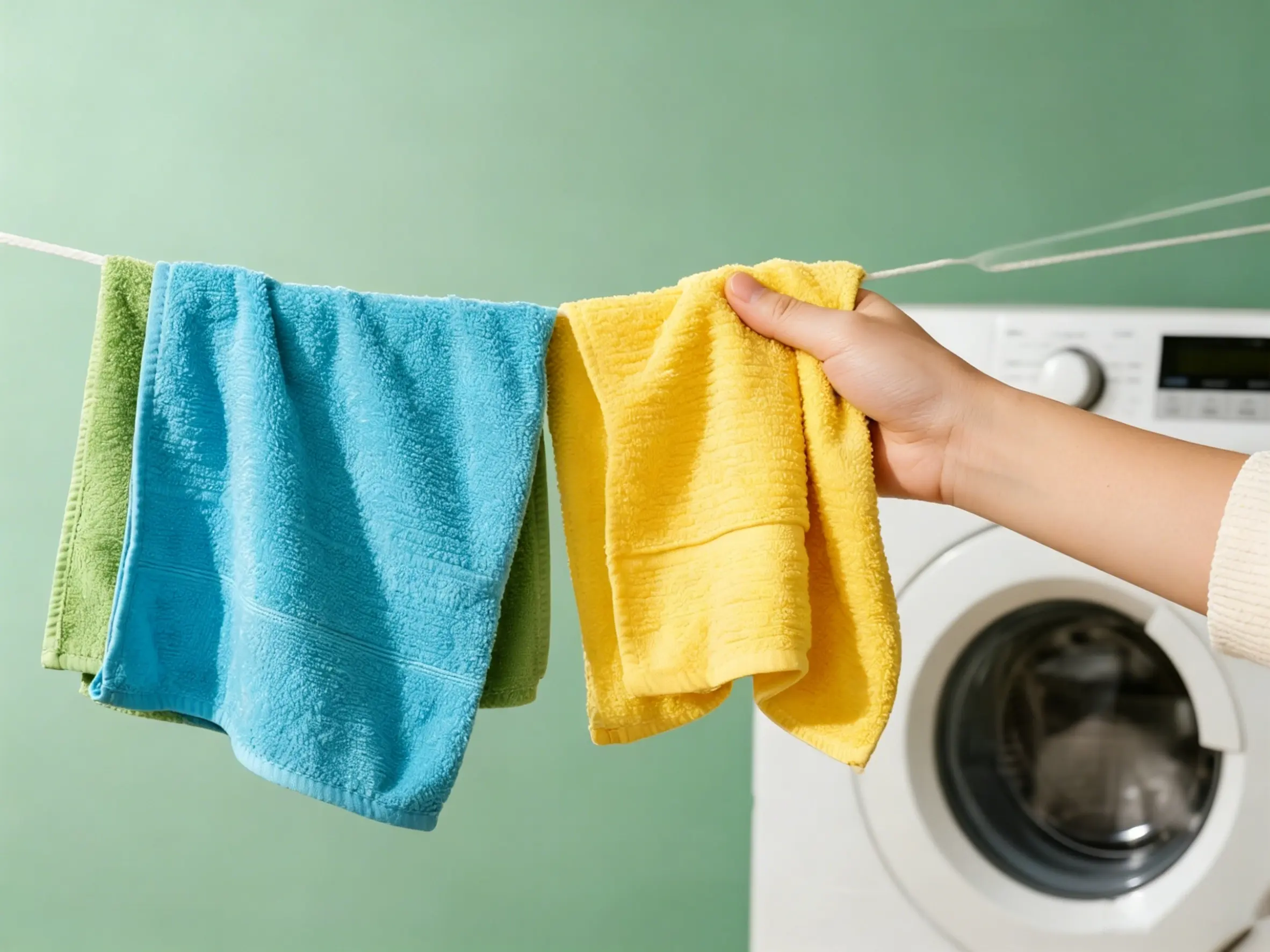 microfiber cloths hanging on a clothesline to air dry