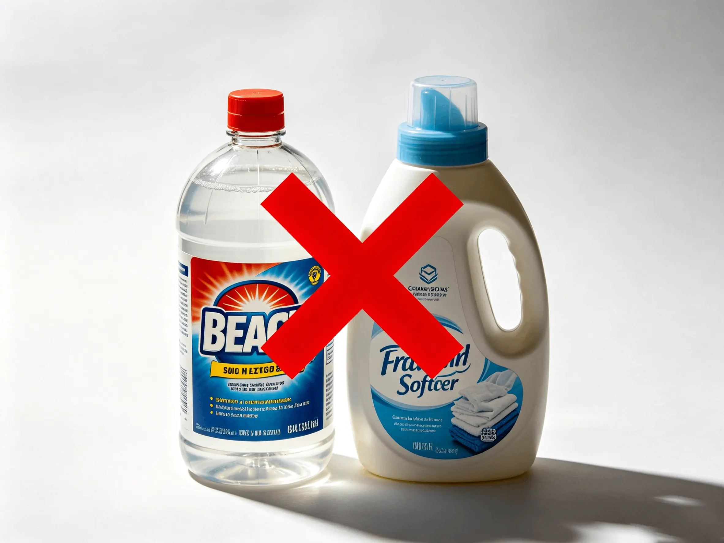 A bottle of bleach and fabric softener with a red cross over them