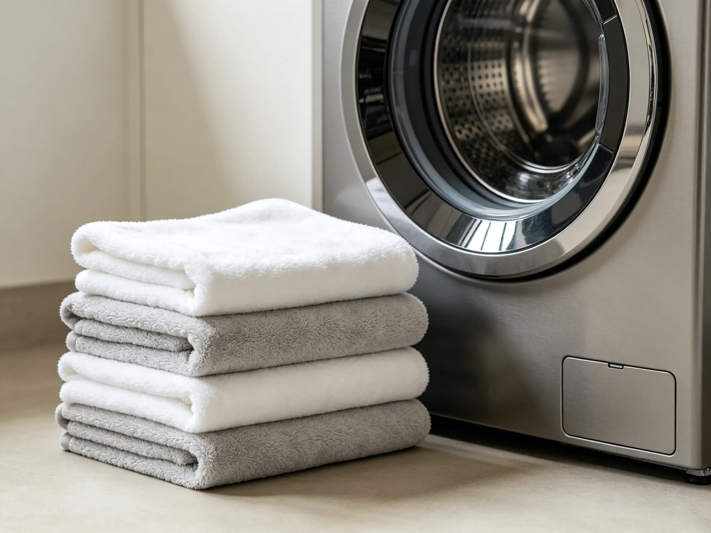 A pile of clean microfiber cloths next to a washing machine