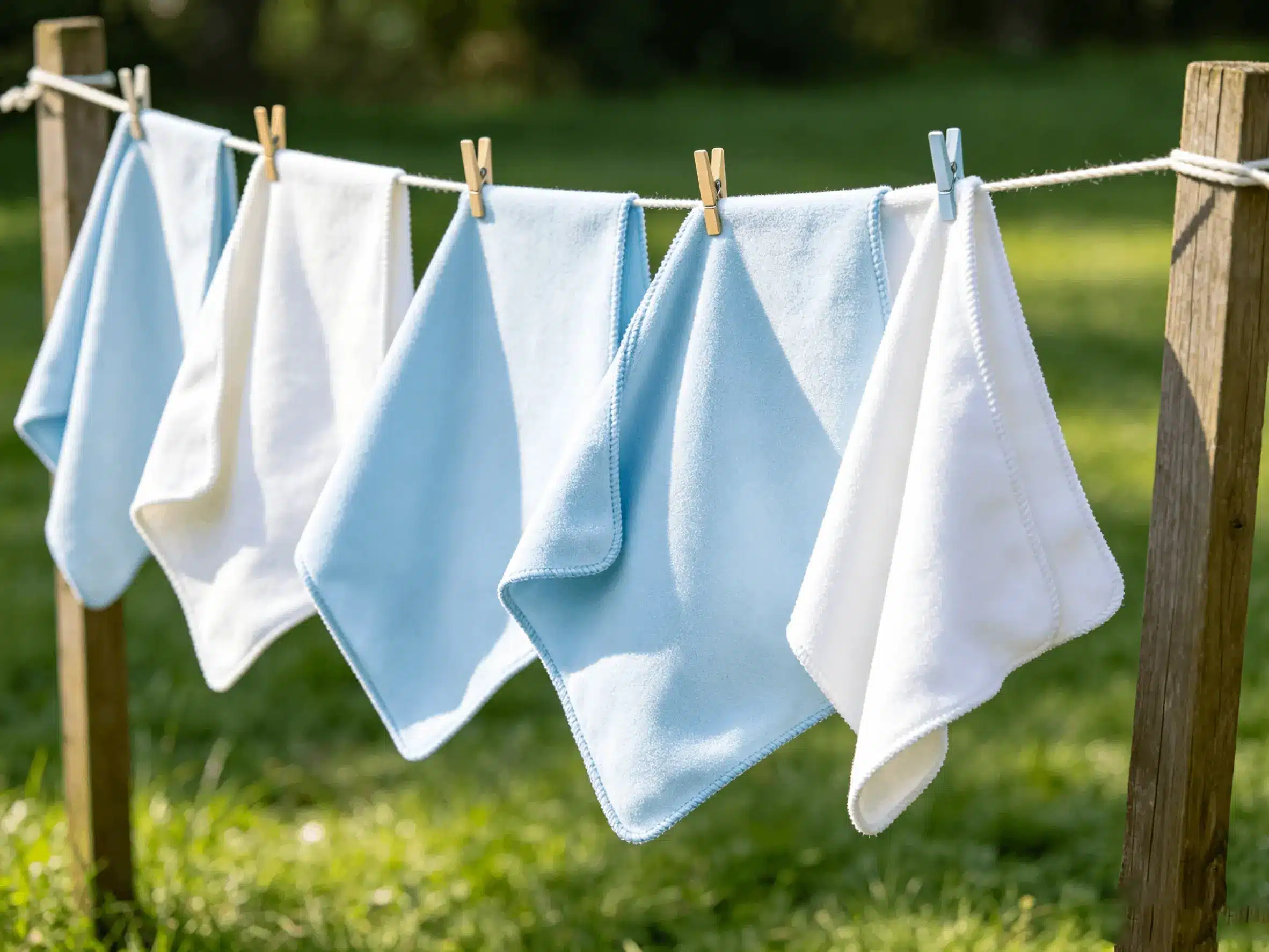 Microfiber cloths hanging on a clothesline to air-dry