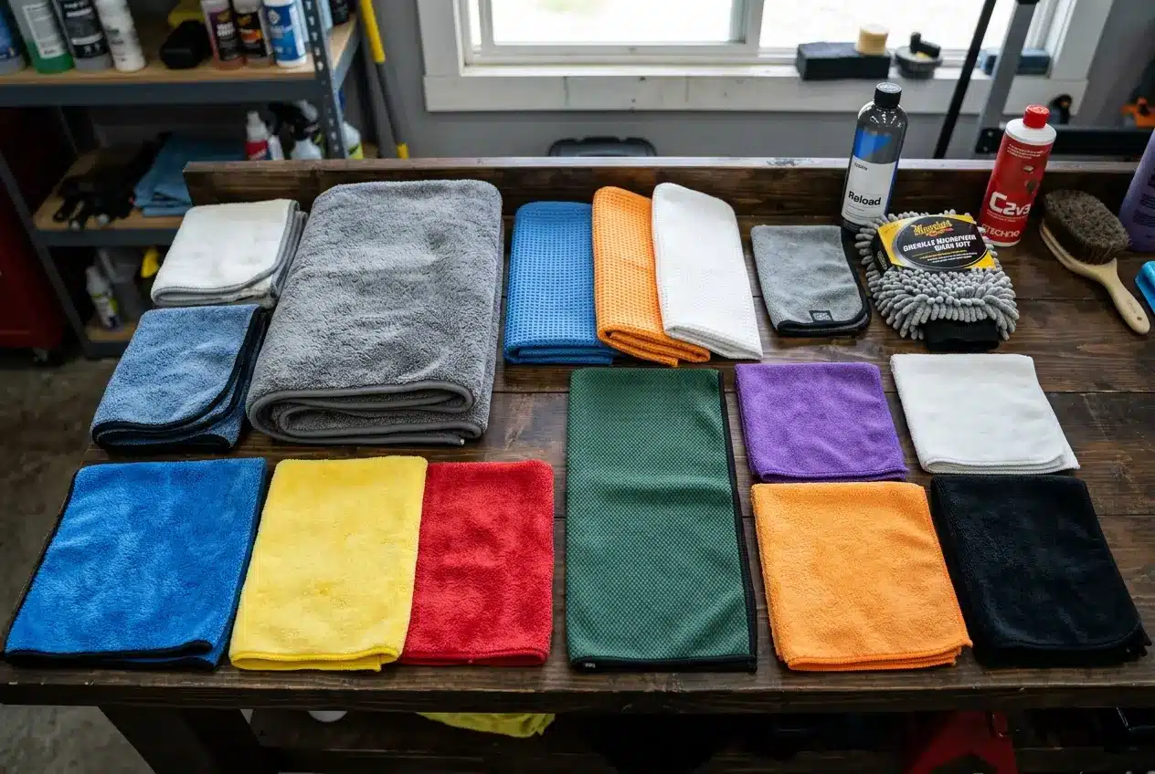 Specialized Microfiber Cloths for Exterior Car Care A collection of different types of microfiber car care cloths