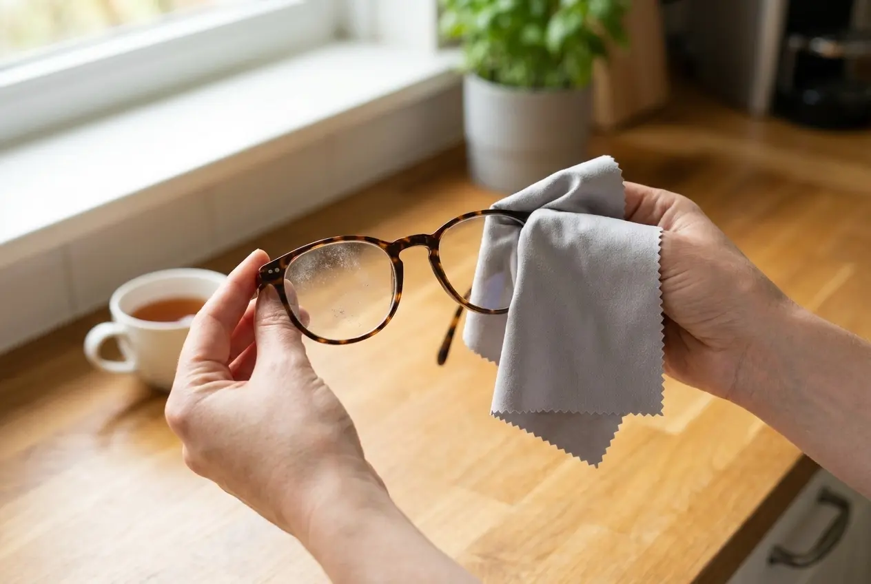 A microfiber cloth safely cleaning a pair of glasses