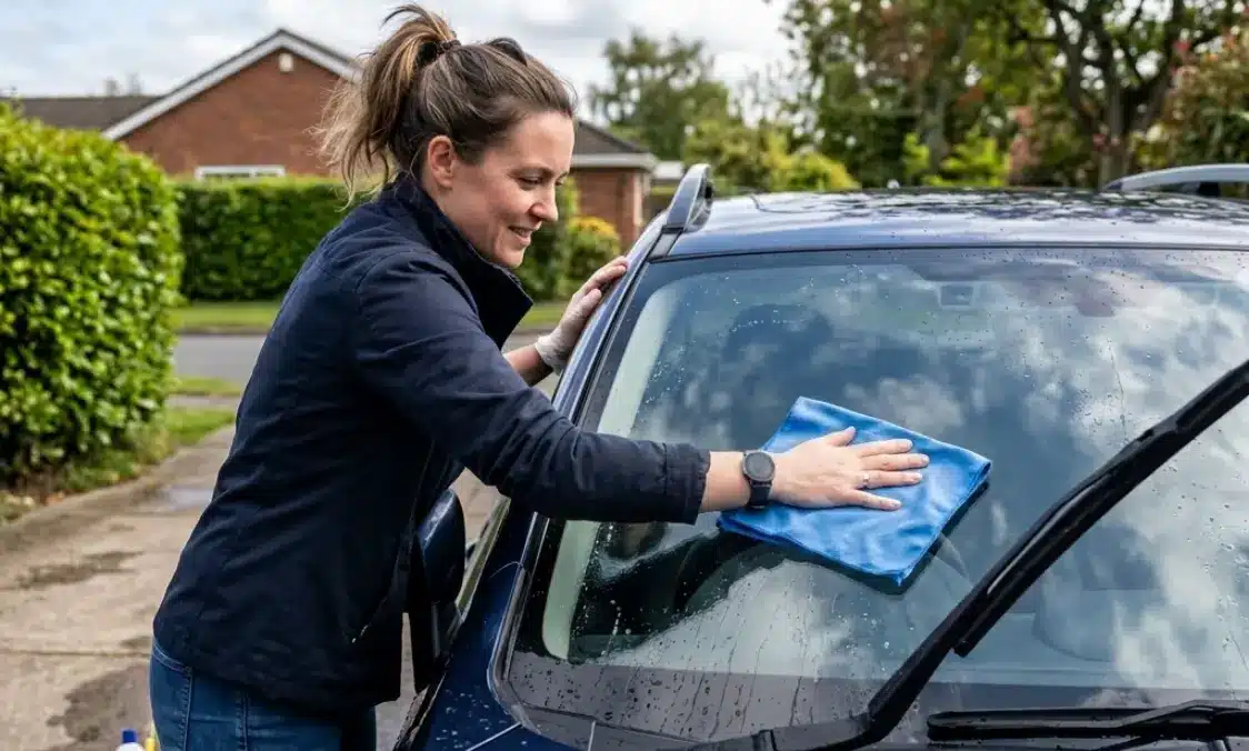 Waffle-Weave Microfiber for Streak-Free Glass A person cleaning a car windshield with a waffle-weave microfiber towel