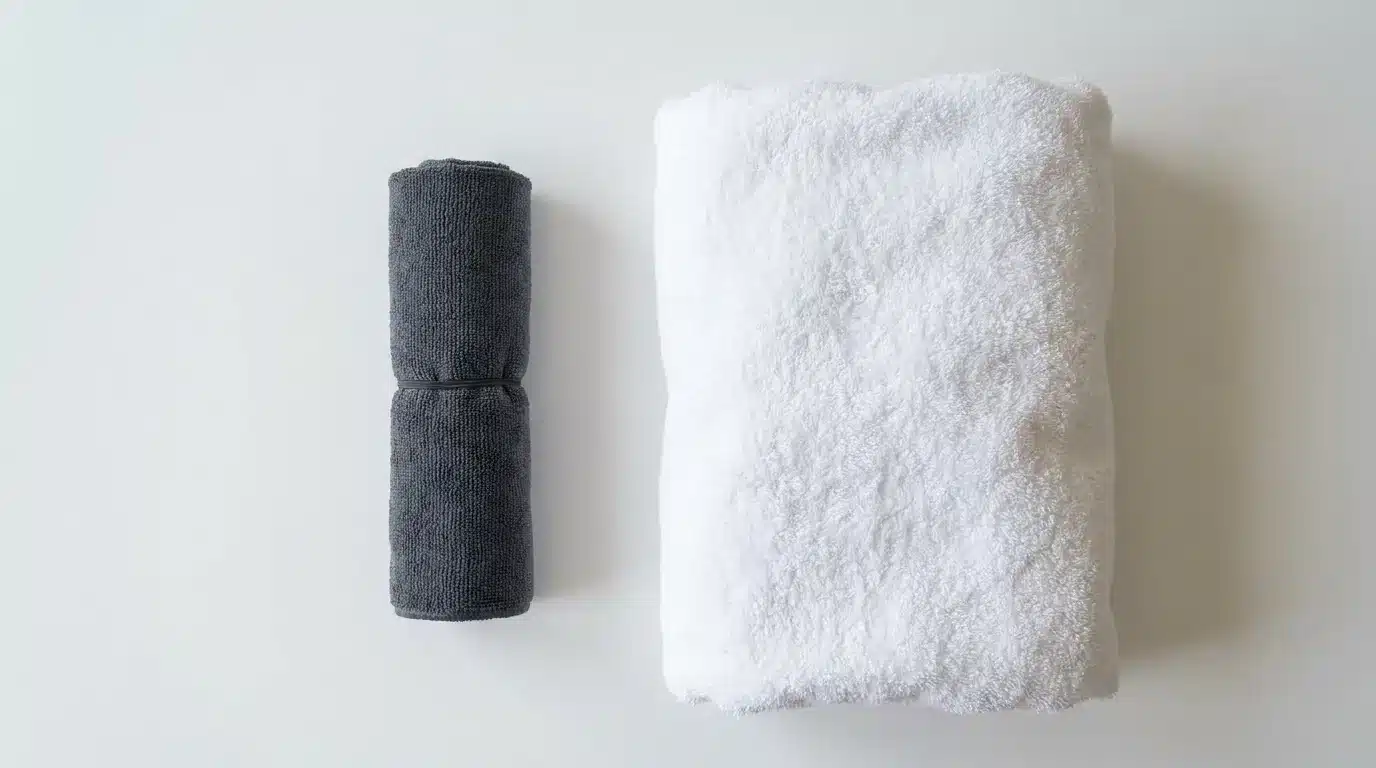 Towel Weight and Portability Comparison a compact, rolled-up microfiber towel next to a bulky folded cotton towel