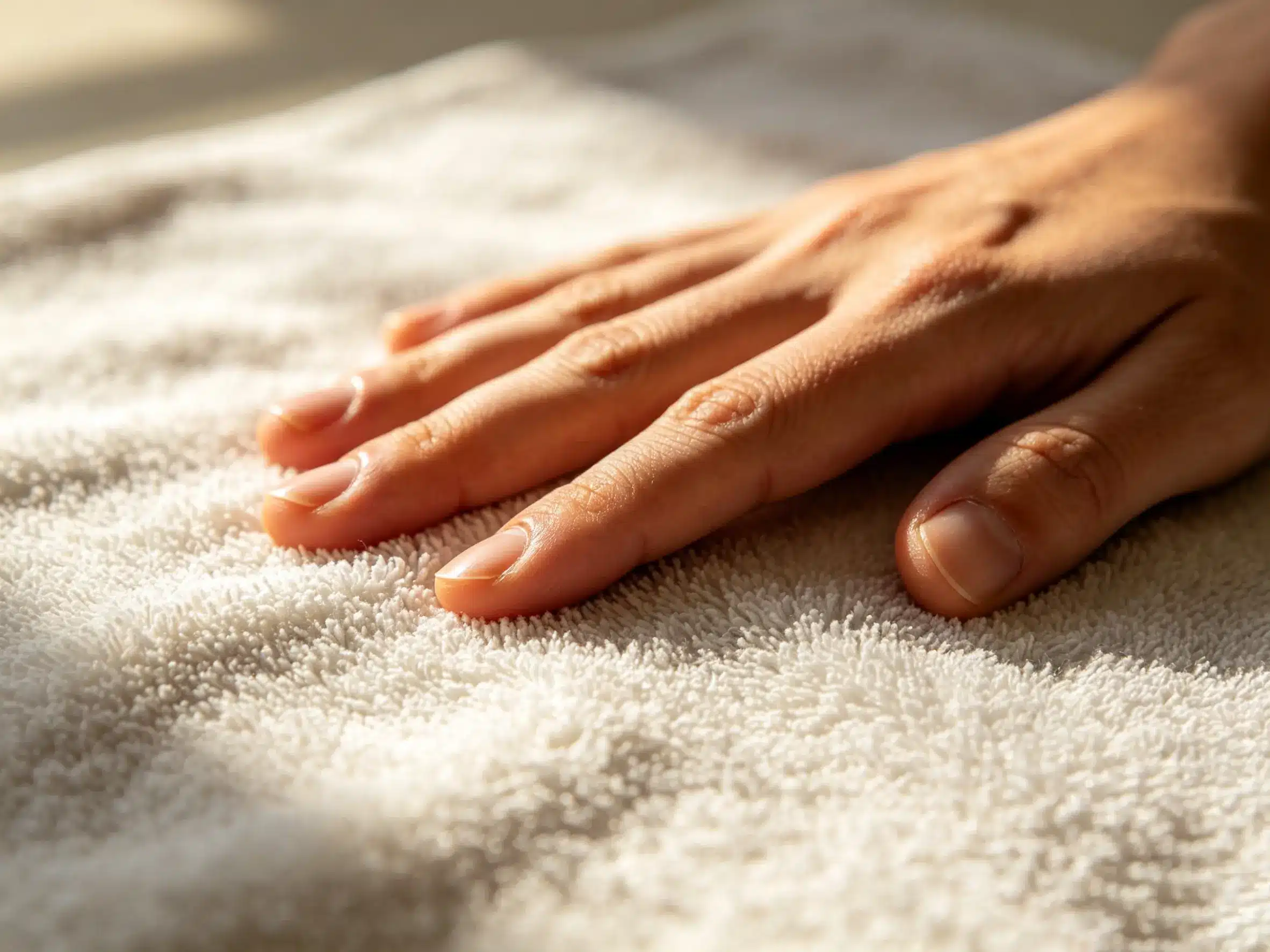 a hand feeling the texture of a high-quality microfiber cloth