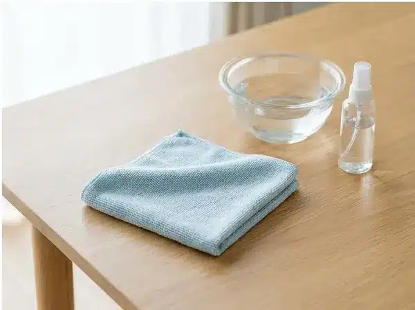 Chemical-Free Cleaning with Microfiber a microfiber cloth and a spray bottle with water