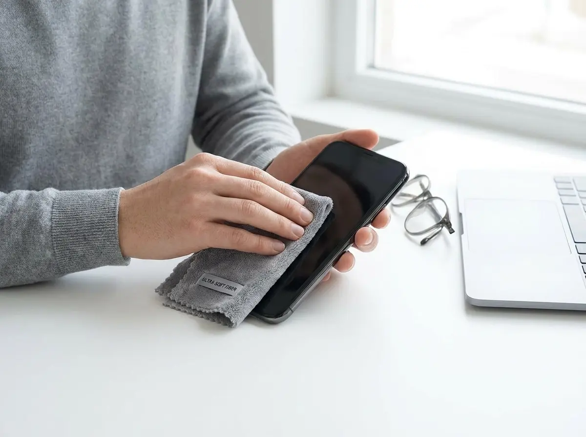 Scratch-Free Polishing with Microfiber a soft microfiber cloth gently cleaning a pair of glasses