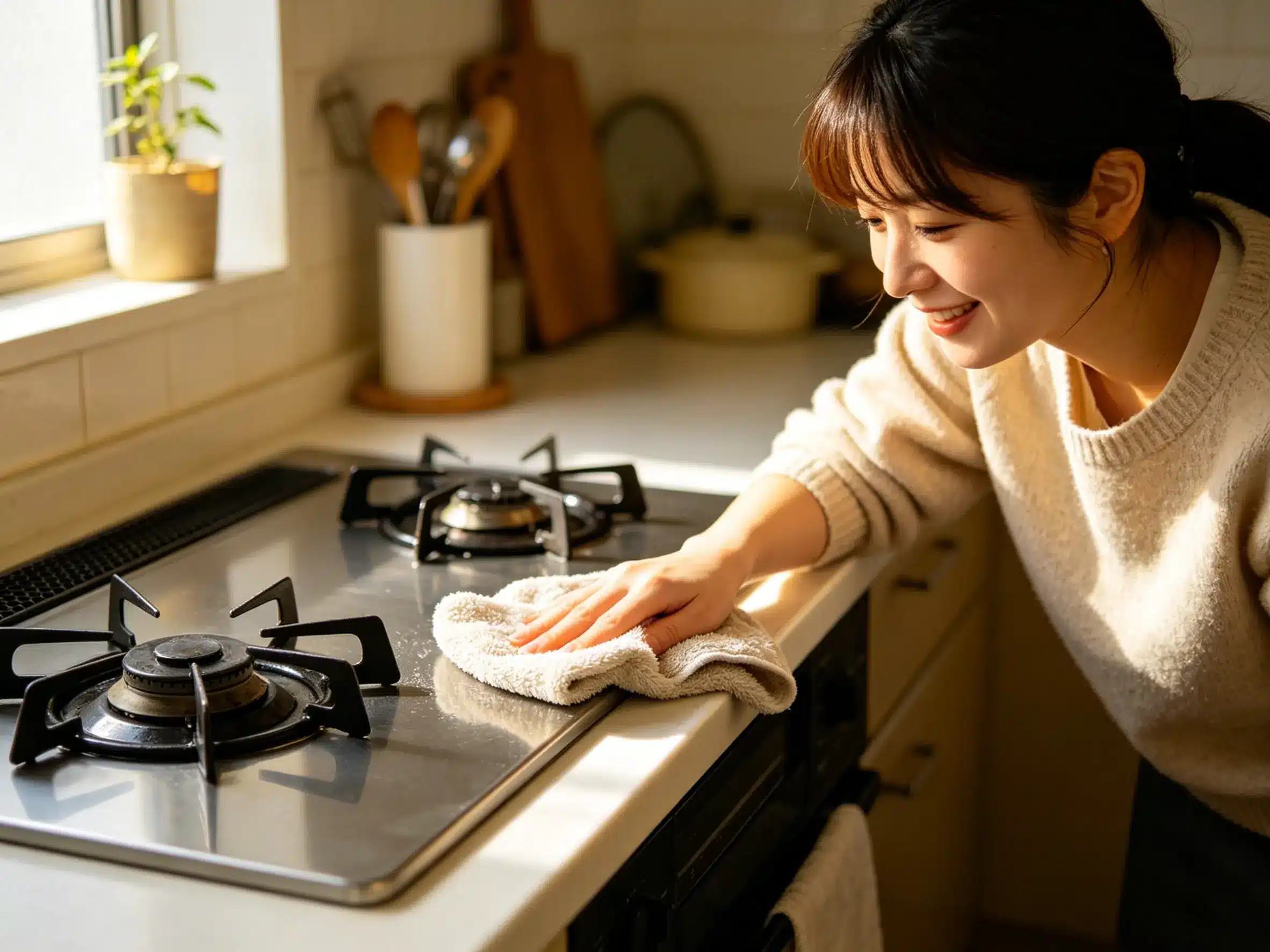 Saving Time with Microfiber a person quickly wiping a kitchen counter with a microfiber cloth