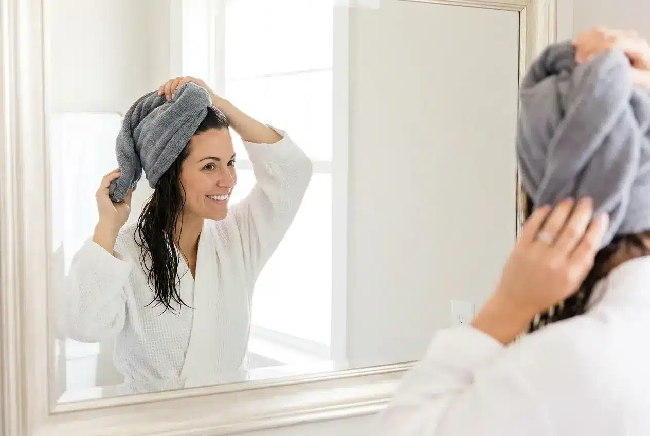 Microfiber Towel for Hair Care a woman wrapping her hair in a microfiber towel