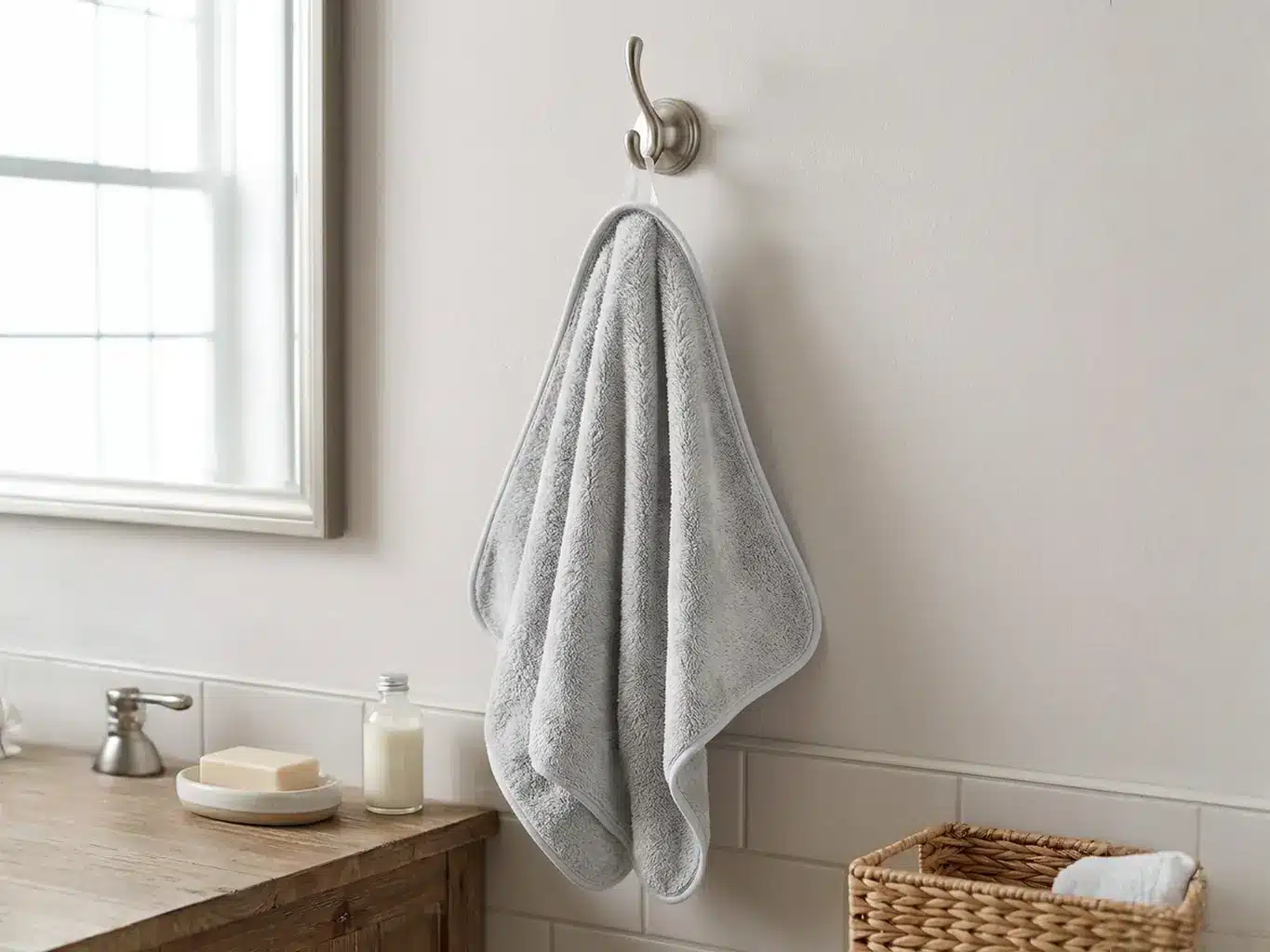 Quick-Drying Microfiber Towel a microfiber towel hanging on a hook, completely dry