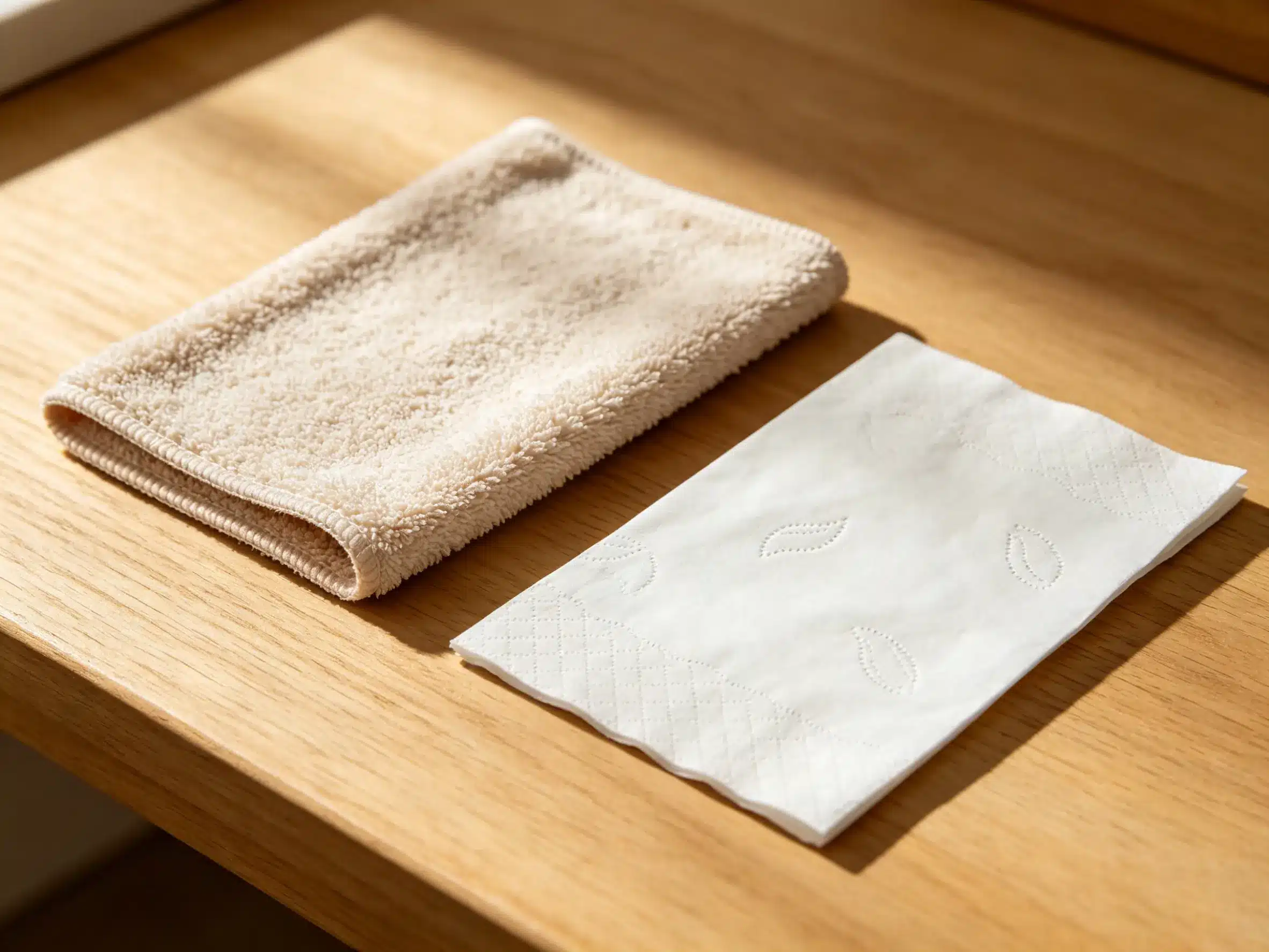 a microfiber cloth next to a roll of paper towels