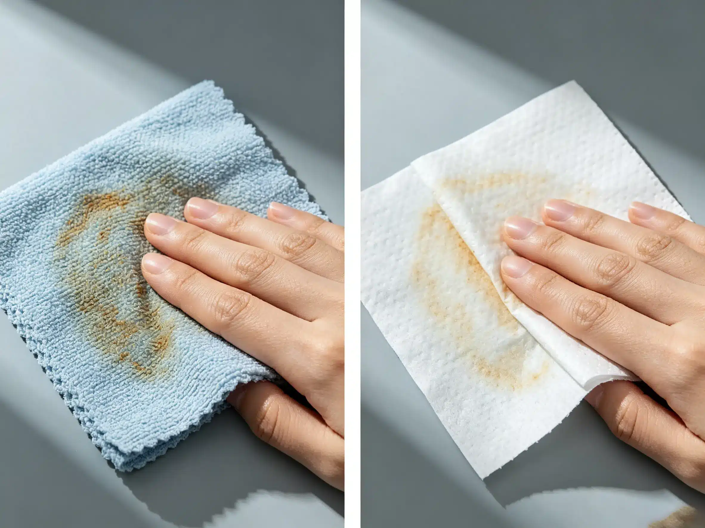 Problems Solved by Tear-Away Microfiber A comparison of a messy pile of cloths, a wet paper towel, and a neat tear-away roll