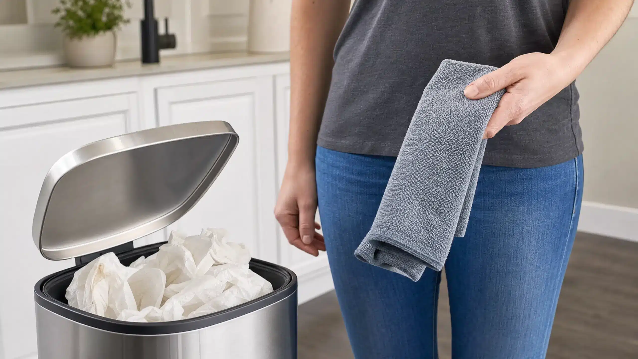 A person holding a reusable microfiber towel next to a trash can full of paper towels