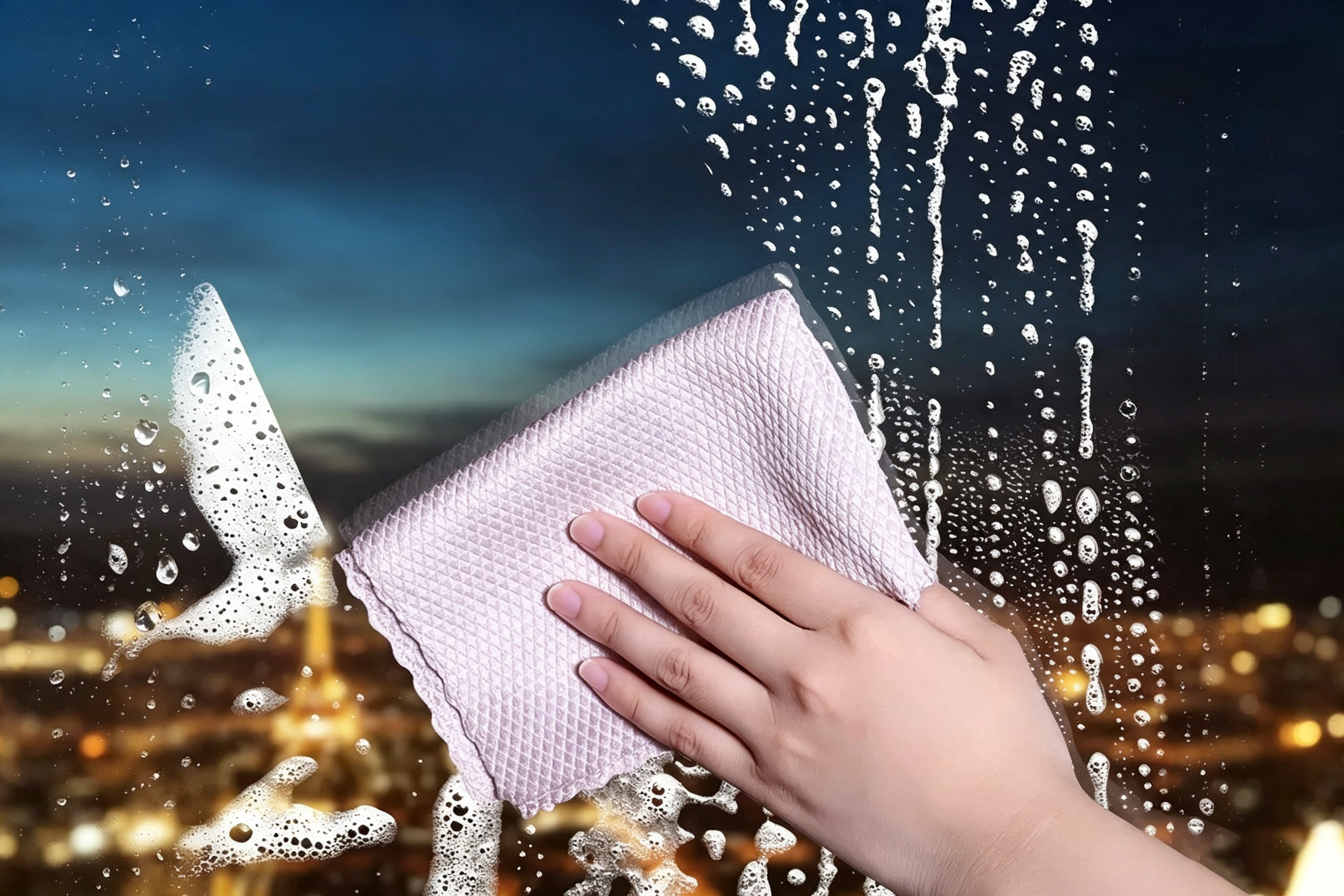 a hand wiping a mirror with a microfiber cloth, leaving one half sparkling and streak-free