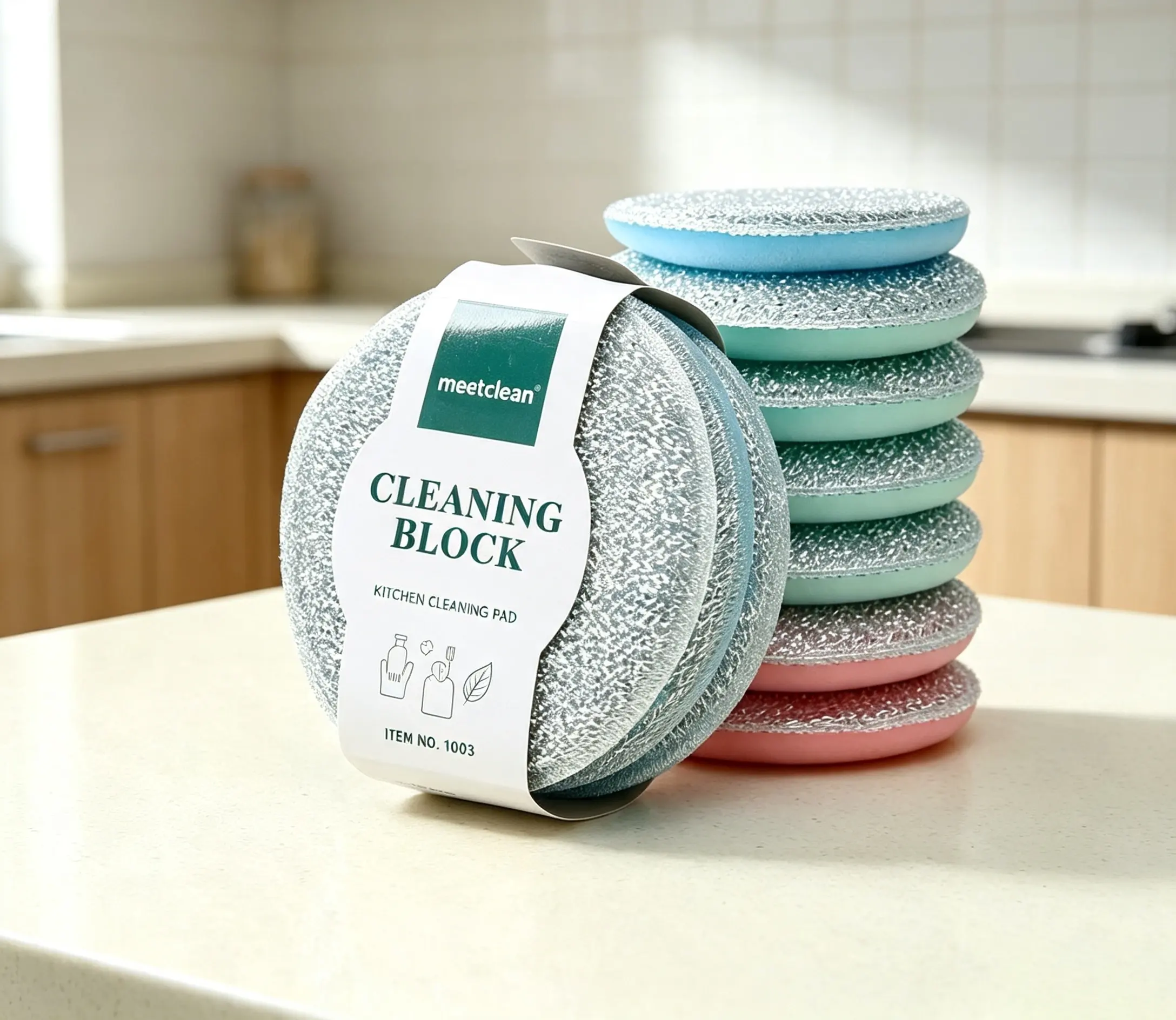 OEM Microfiber Dishwashing Sponge A branded microfiber dishwashing sponge with custom packaging