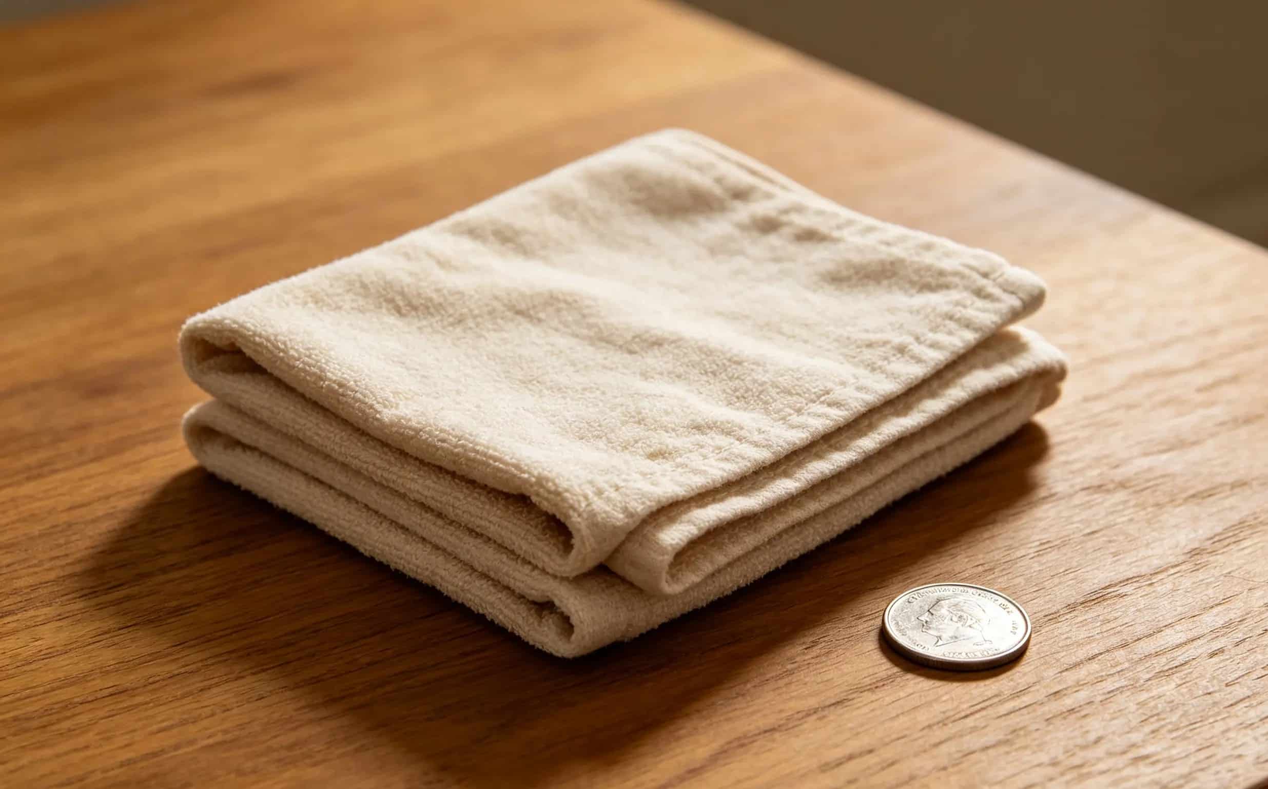 A stack of folded cloth towels next to a single coin
