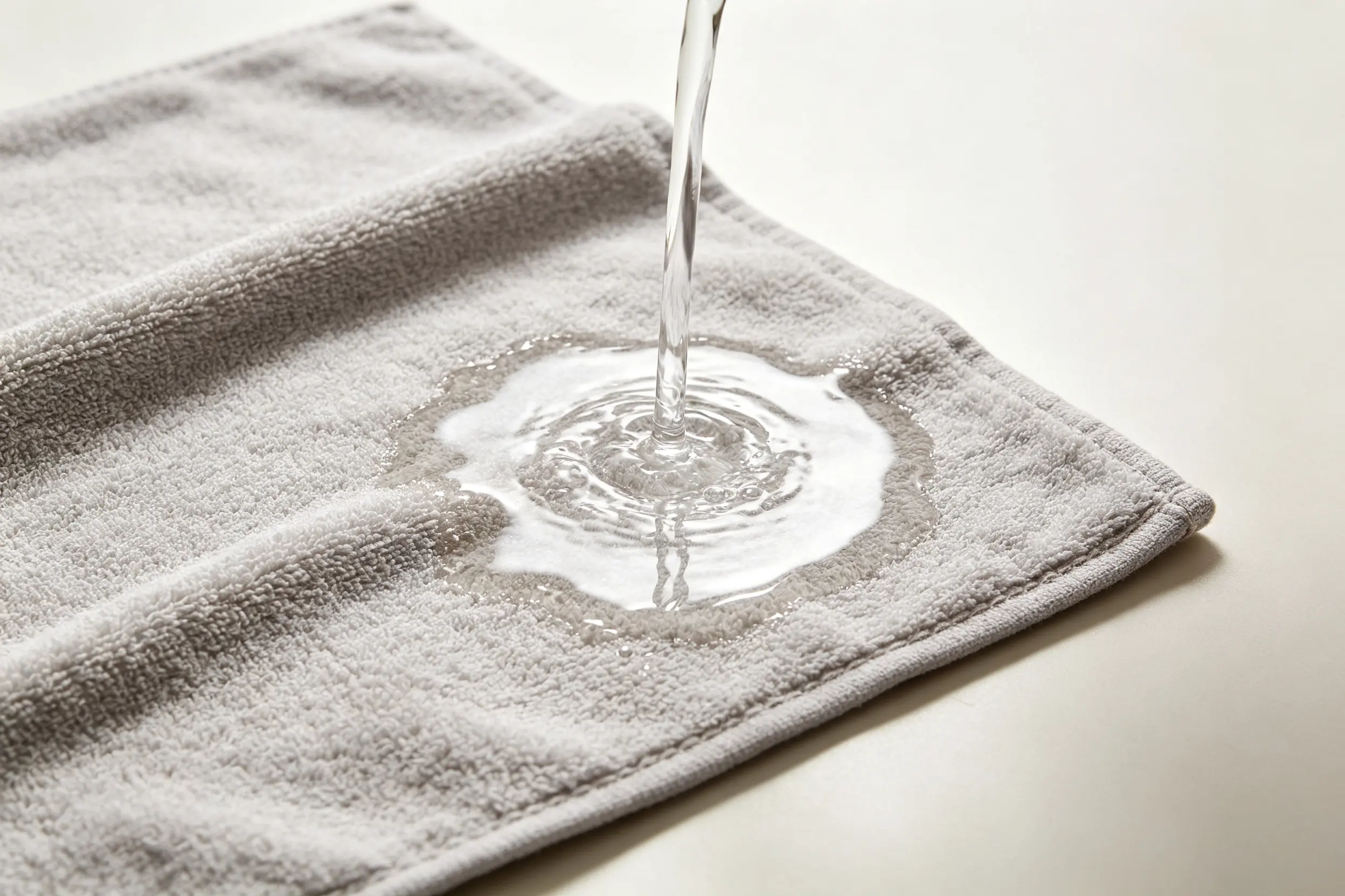 A microfiber towel soaking up a water spill