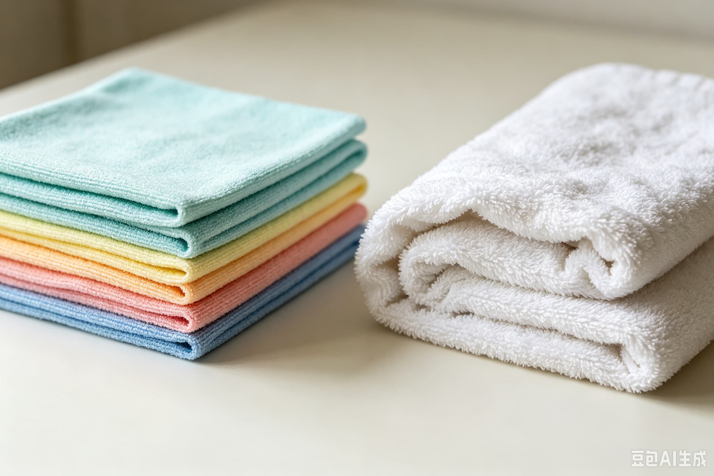 Separating Microfiber for Washing A pile of microfiber cloths separate from a pile of cotton towels