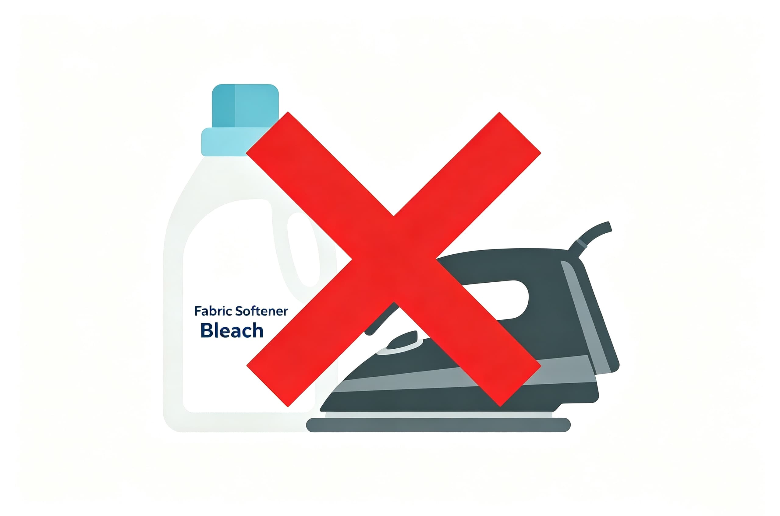 Mistakes to Avoid When Washing Microfiber A red X over a bottle of fabric softener and a hot iron