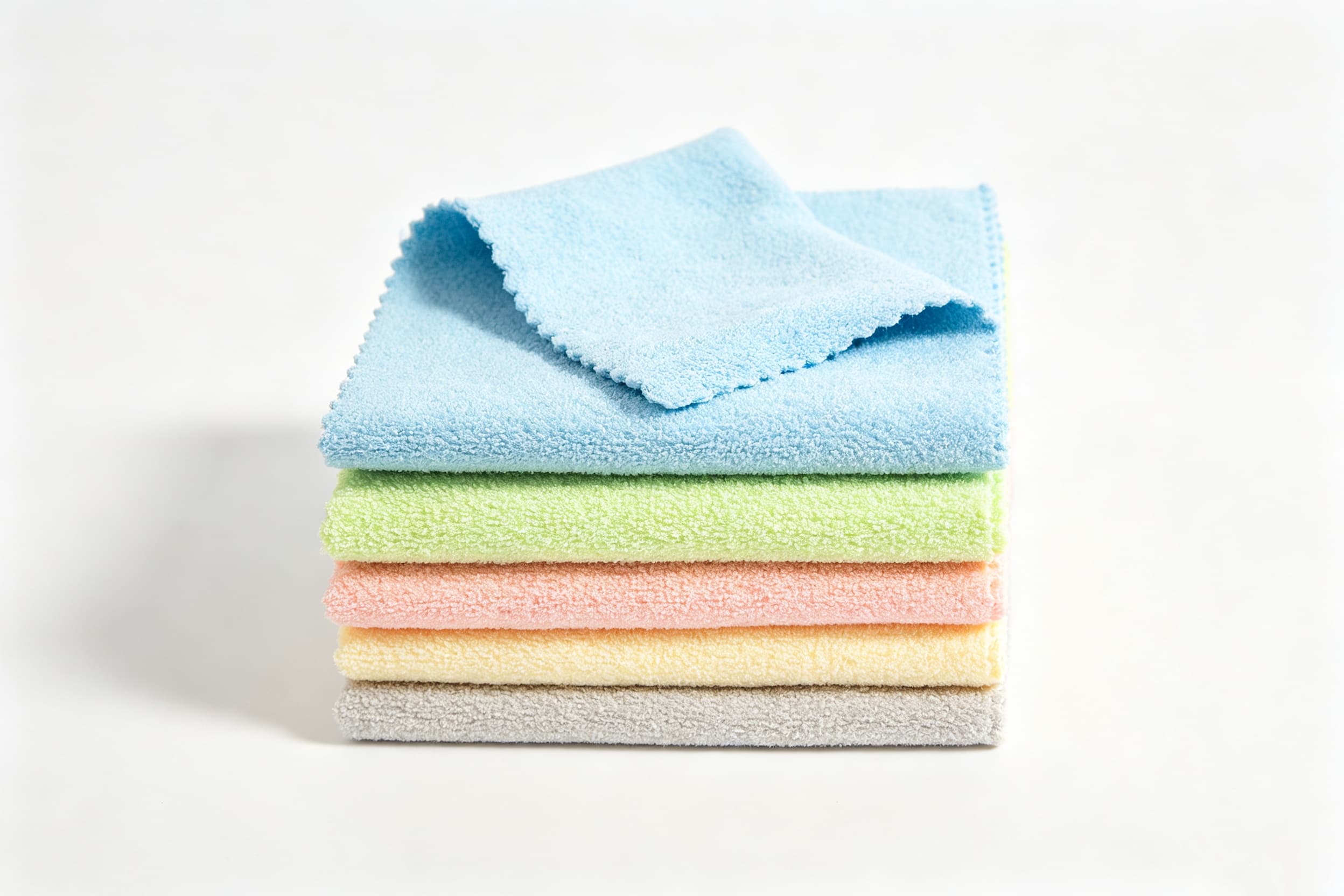 Clean Microfiber Cloths A stack of clean, colorful microfiber cloths