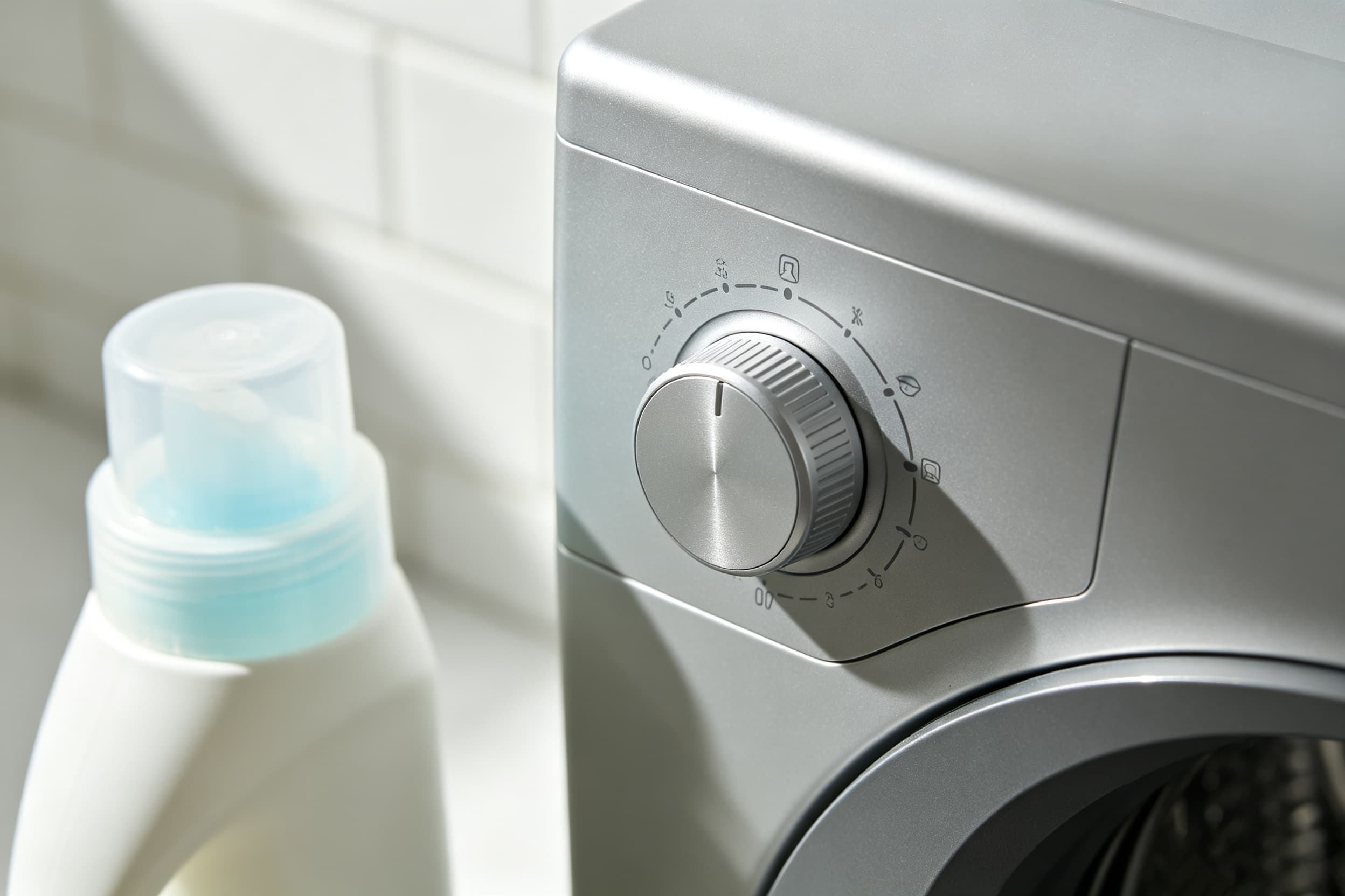 Detergent and Temperature for Microfiber Detergent bottle next to a washing machine temperature dial
