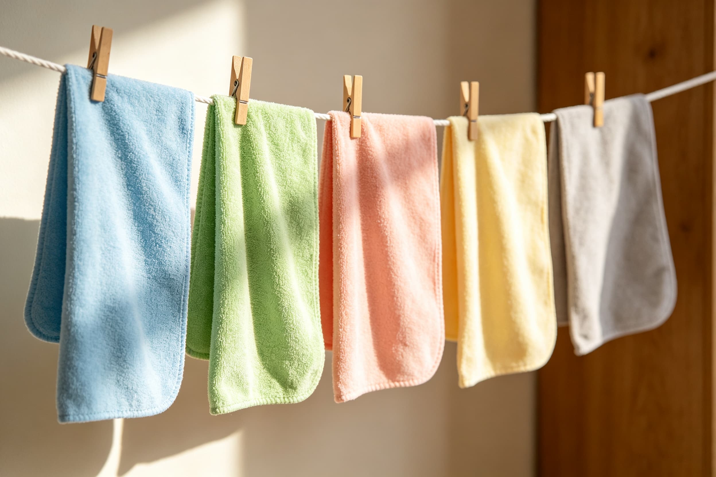 Air-Drying Microfiber Cloths Microfiber cloths hanging on a clothesline to air dry