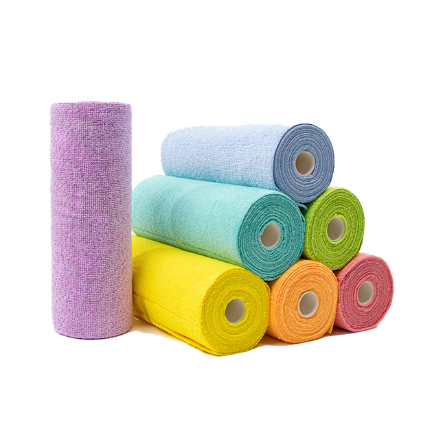 Rolled microfiber cleaning cloths in pink, yellow, green, blue and lavender
