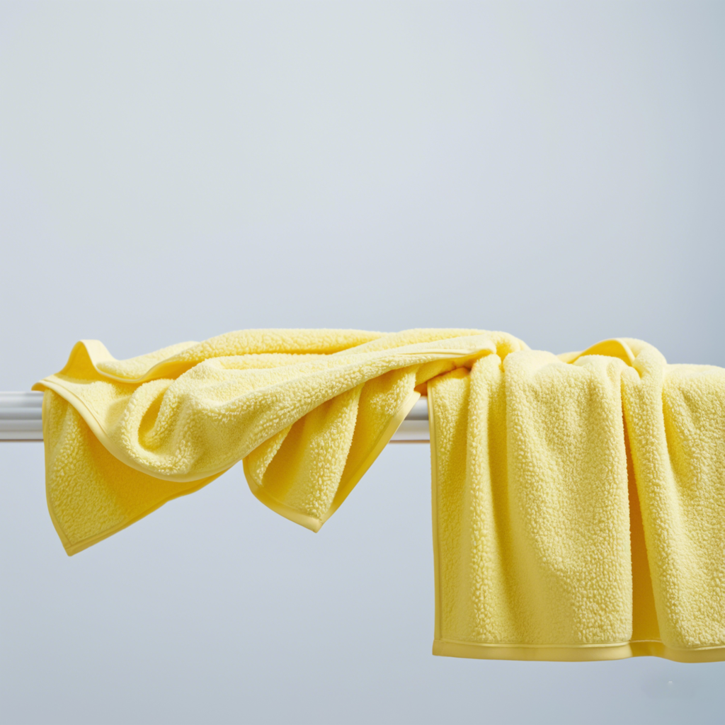 Yellow microfiber towels hanging to dry naturally after use