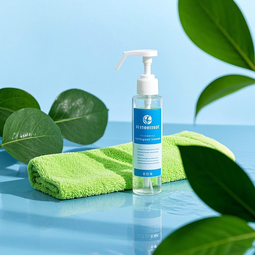 Green microfiber towel next to foam pump bottle and indoor plant for eco-friendly cleaning
